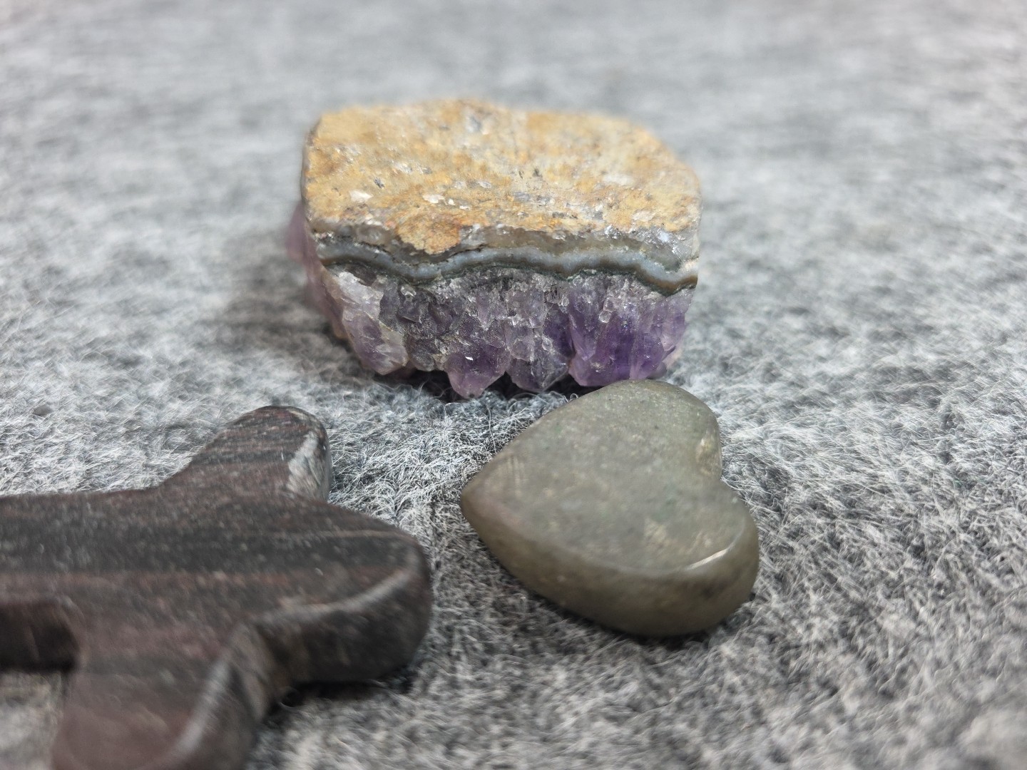 Amethyst Crystal Cluster Lot w Obsidian Cross & Gray Heart Carved Stones