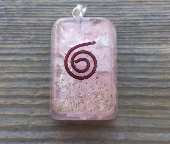ORGONE ROSE QUARTZ GEMSTONE RECTANGLE PENDANT ORGONITE (ONE)