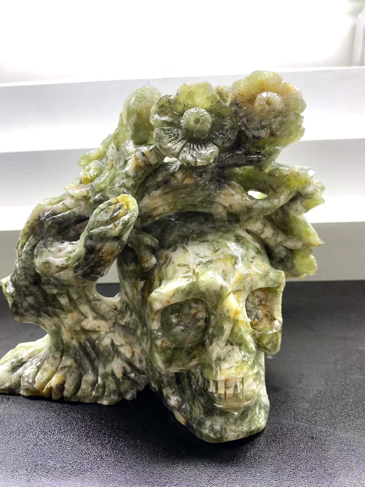 5.11LB Natural Jade Quartz Carved Crystal Flower Skull Reiki Healing Decor