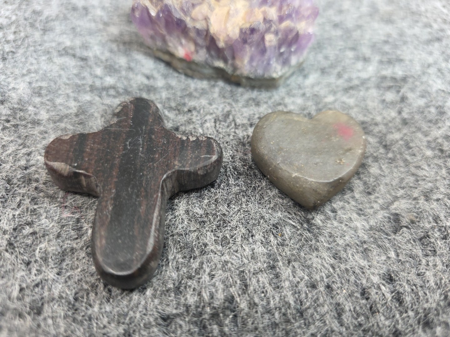 Amethyst Crystal Cluster Lot w Obsidian Cross & Gray Heart Carved Stones