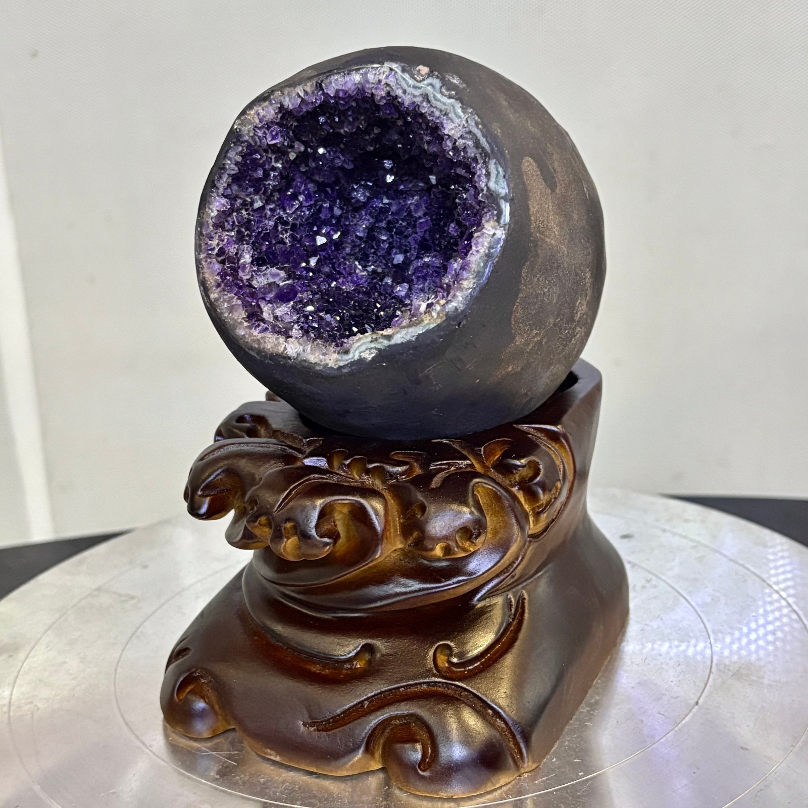 3.52LB Natural uruguay amethyst geode quartz money bag crystal +stand
