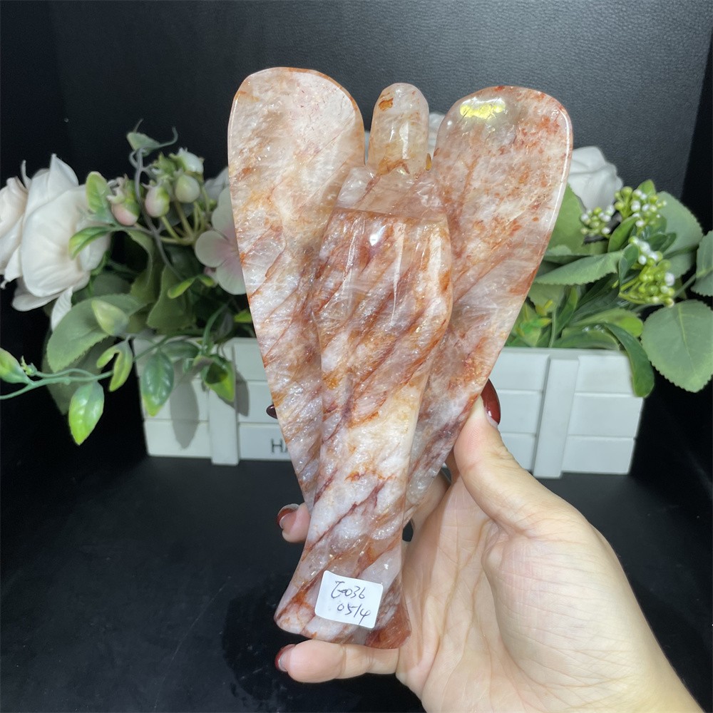 1.7LB 7″ Natural Red Fire Quartz Angel Crystal Ornament Memorial Home Gift