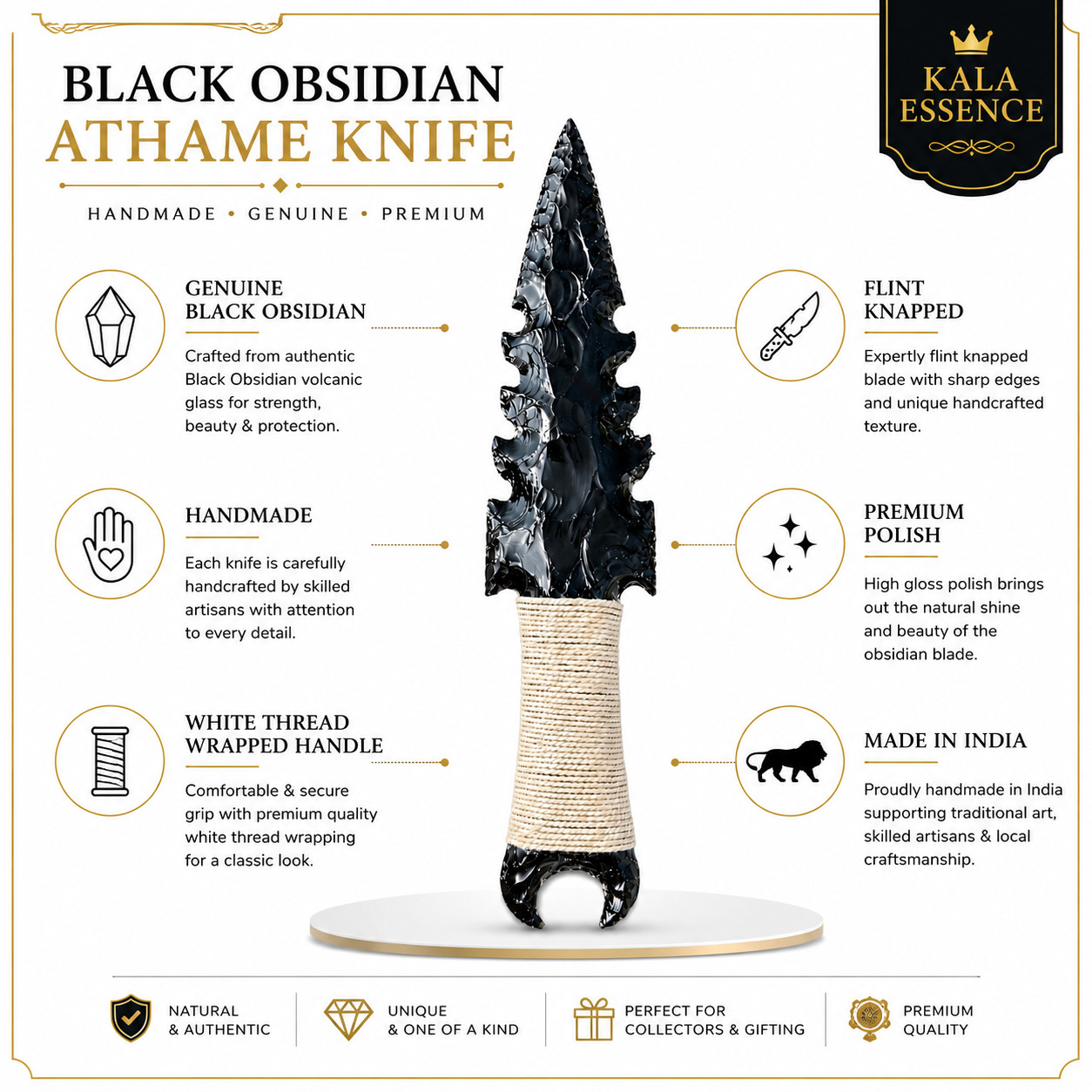 Handmade Black Obsidian Crystal Knife 10″ Flint Knapped Ritual Athame Gift