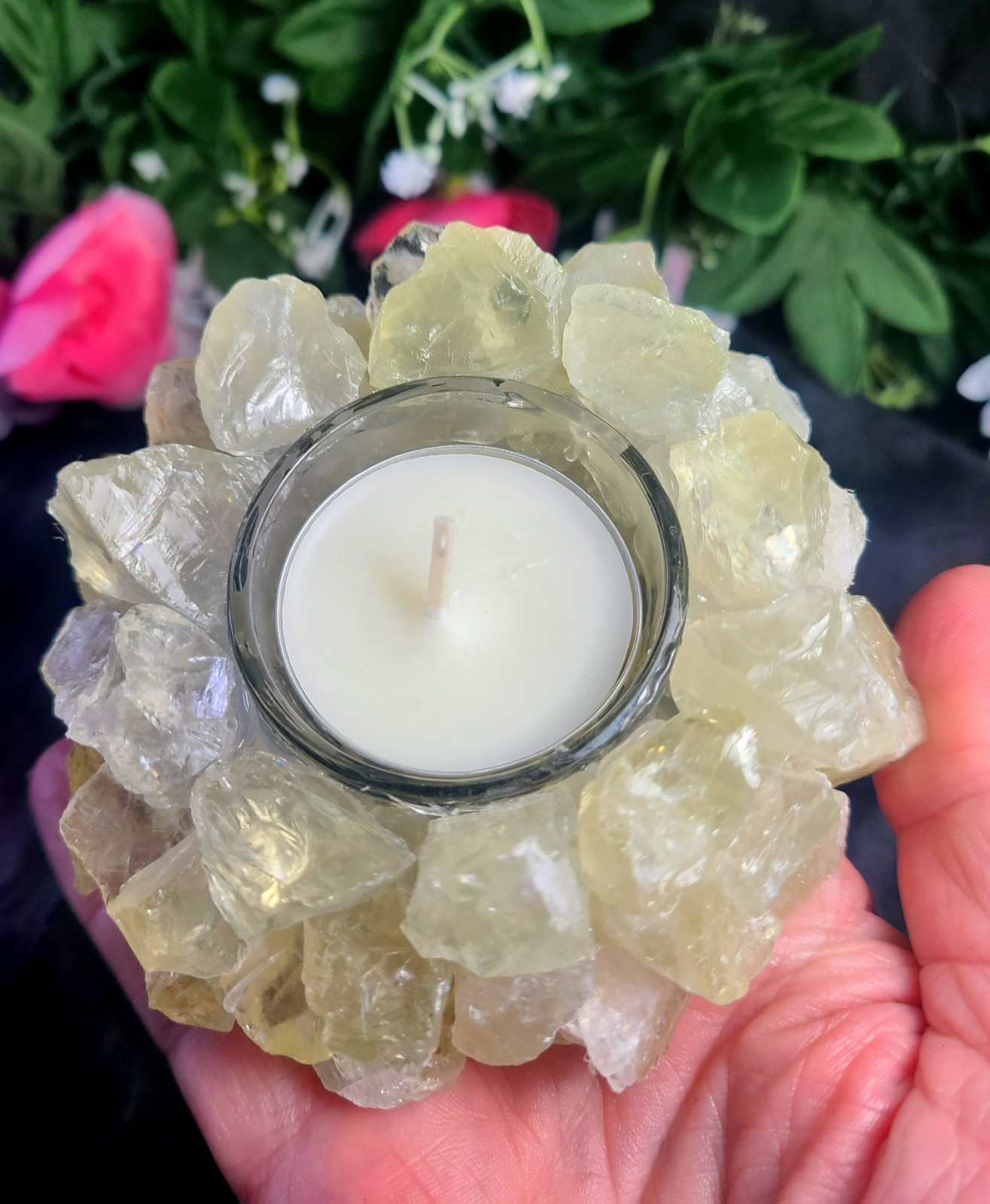 Large 4″ Pretty Citrine Quartz Tea Light or Sphere Stand Crystal Ball Holder