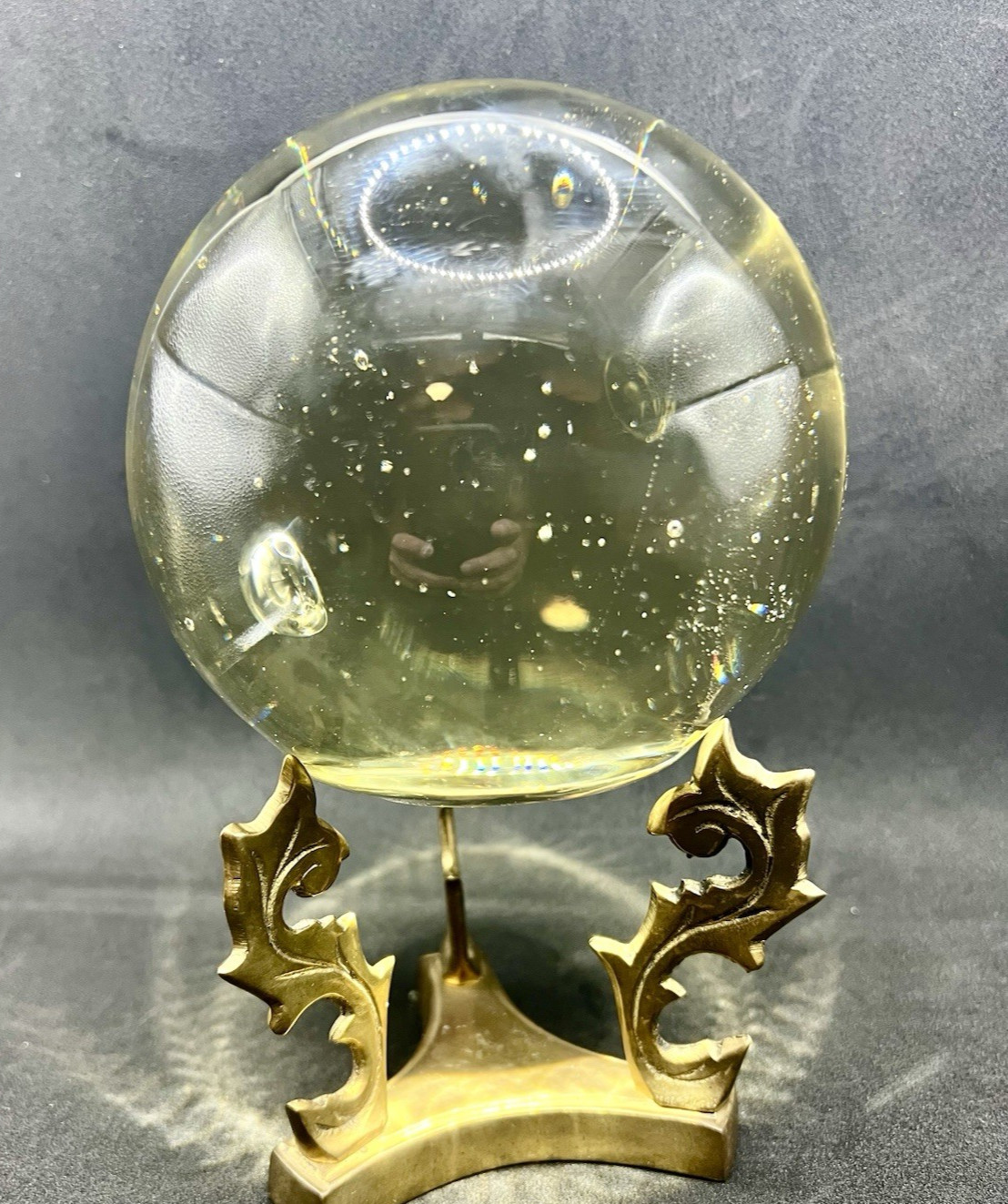 Vintage Clear Orb Crystal Magnifying Ball w Brass Base Stand 7″ tall Bubbles
