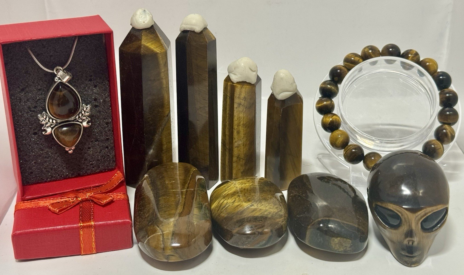 Tiger’s Eye 10-pc Set:Towers, Palm Stones, Mini Alien Head, Bracelet & Necklace