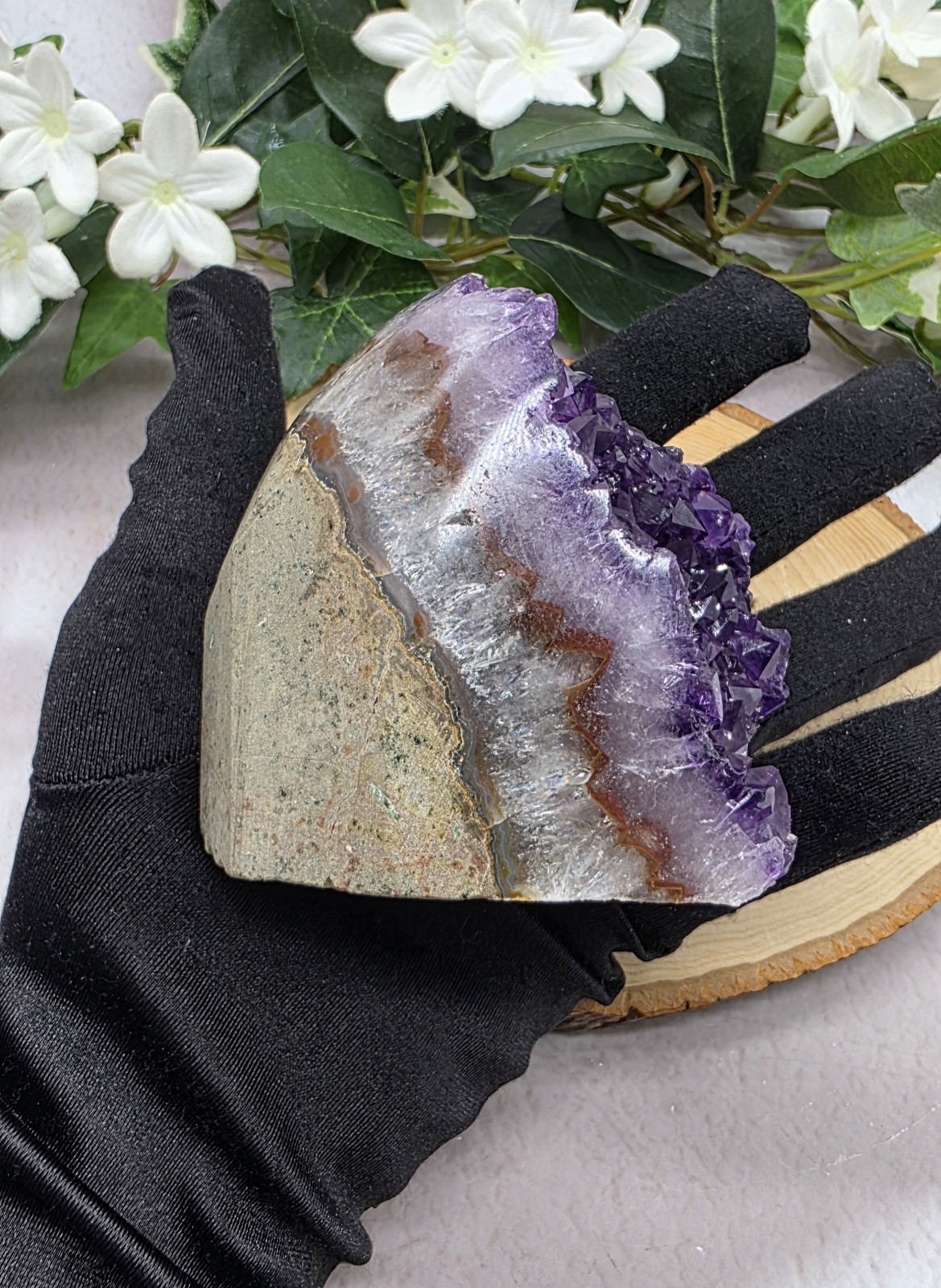 Natural Uruguay Amethyst Geode Purple Crystal with Agate Banding Free Standing
