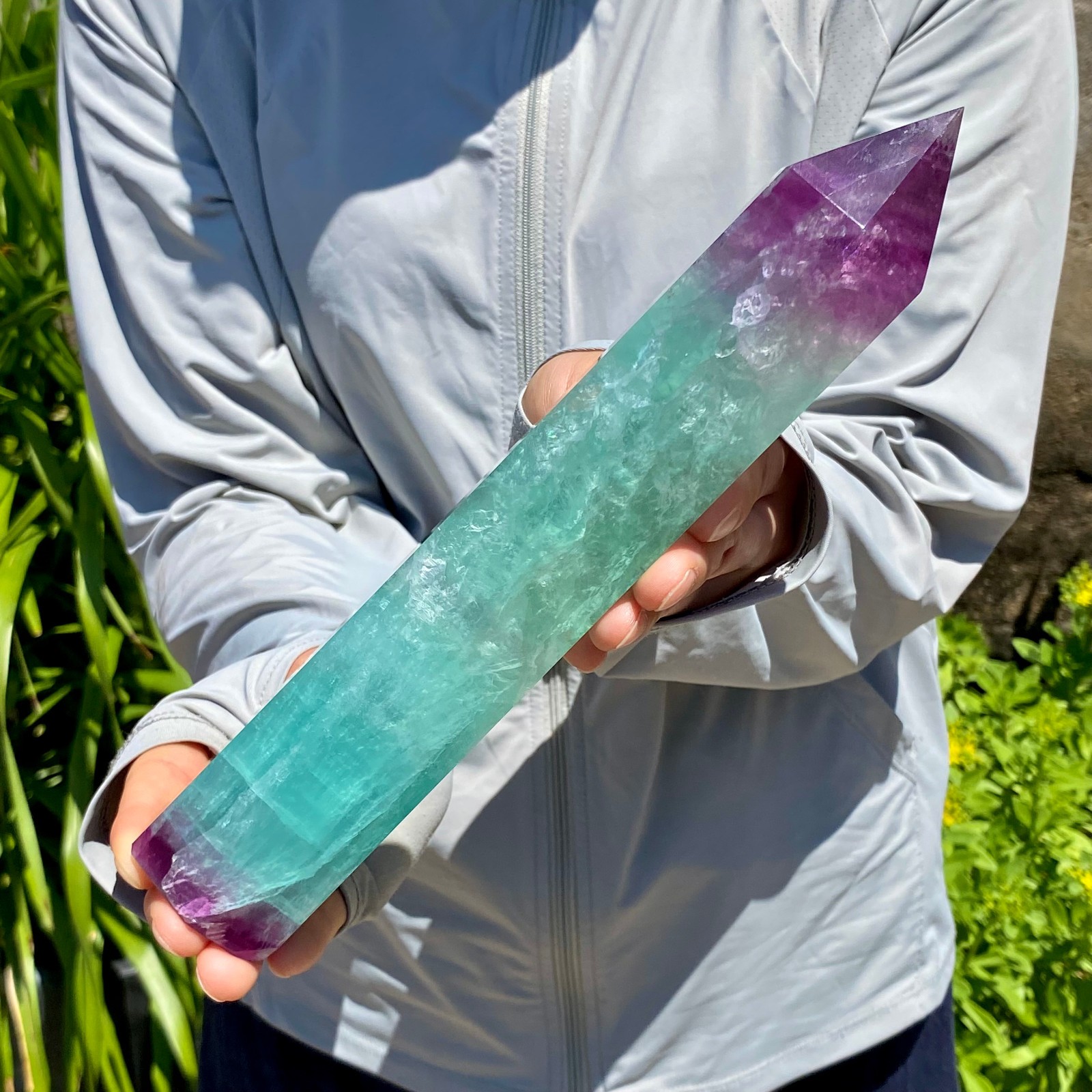 2.16LB Natural Rainbow Fluorite Obelisk Quartz Crystal Wand Tower Point Healing