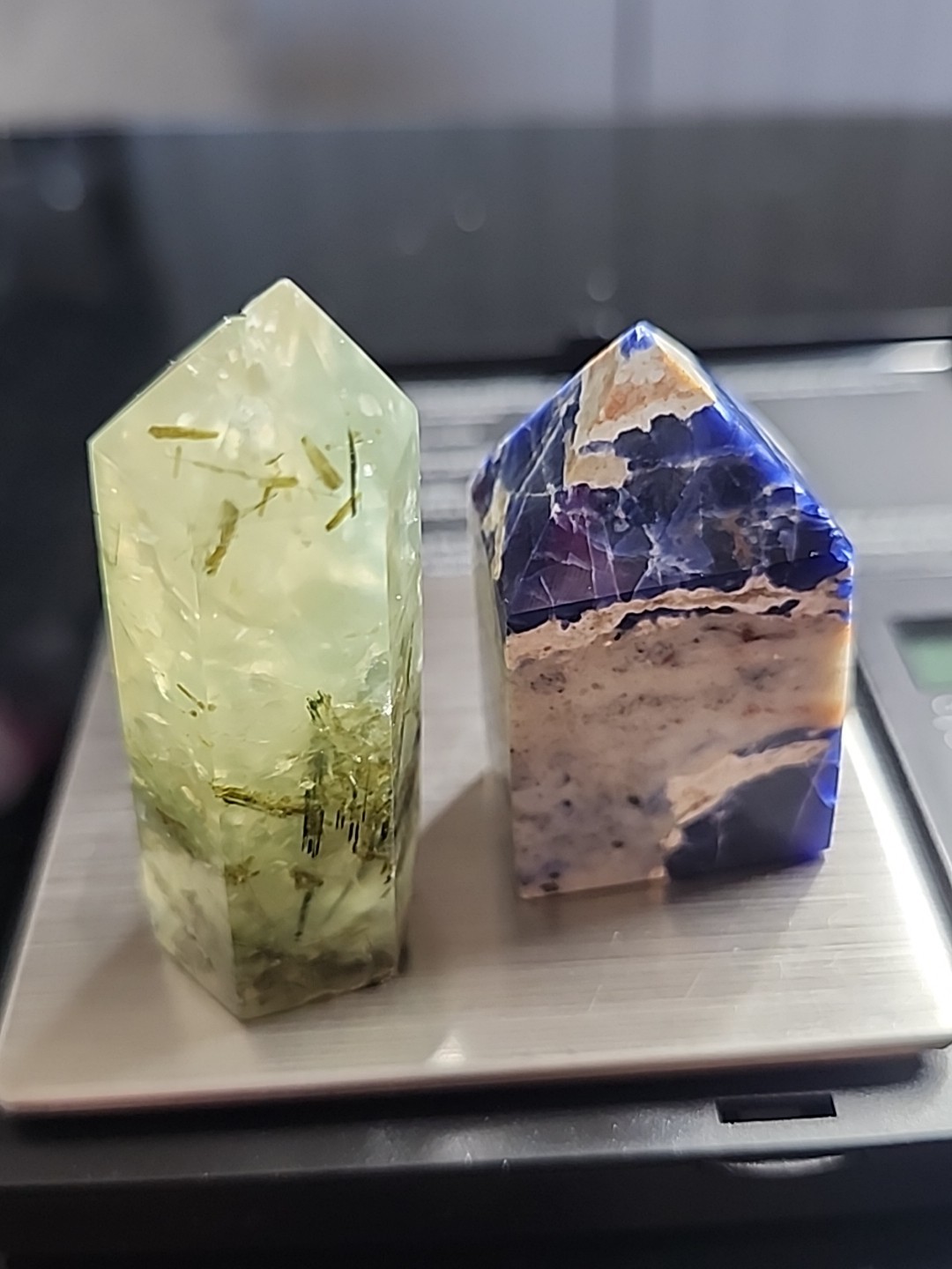 Natural Crystal Tower Set – Prehnite with Epidote & Sodalite – 2-Piece Point Set