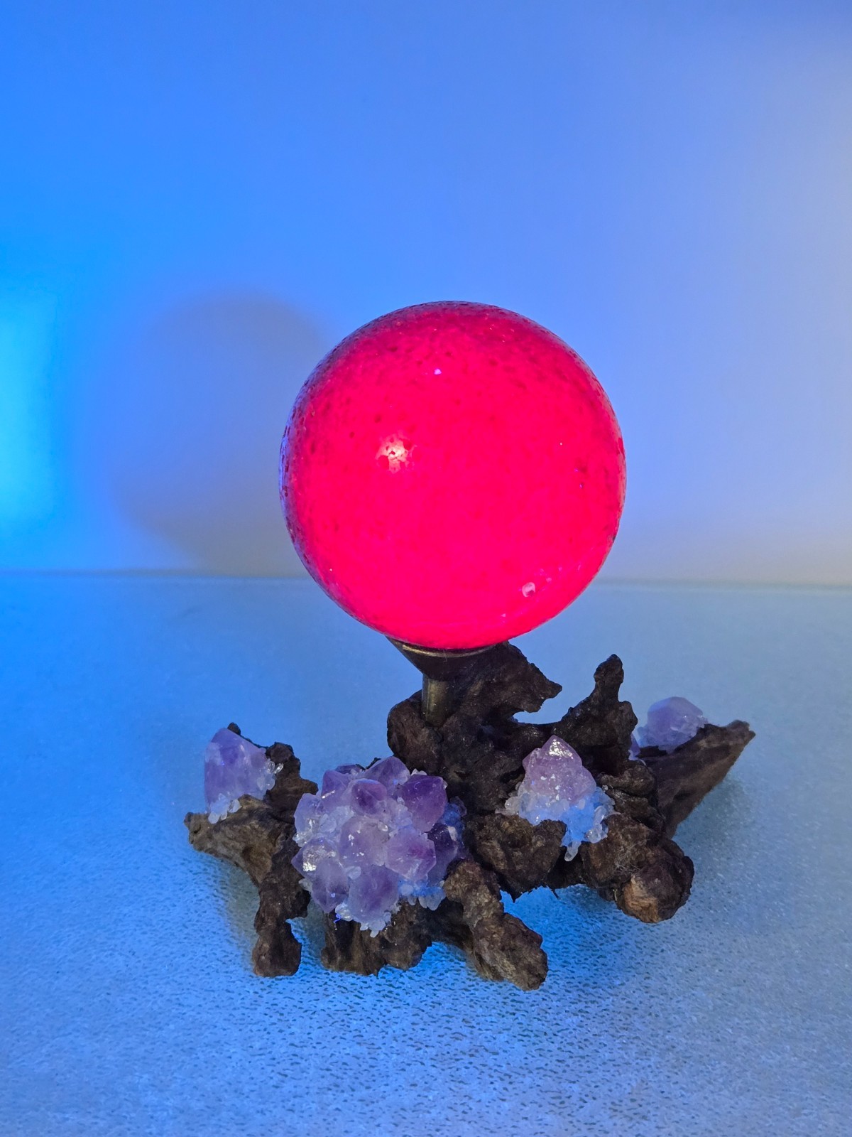 320G Pink UV Ruby Corundum Sphere Crystal Ball Reiki Healing With Wood Stand
