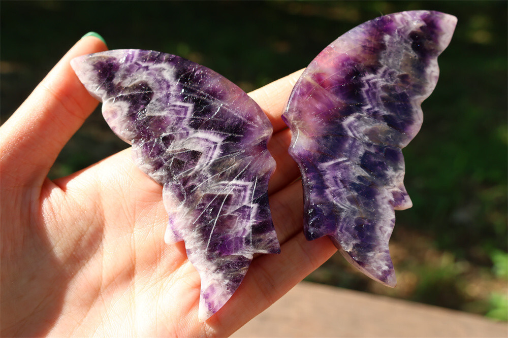 5.2” A pair Natural Dream Amethyst Butterfly Wing Reiki Crystal Skull Decor