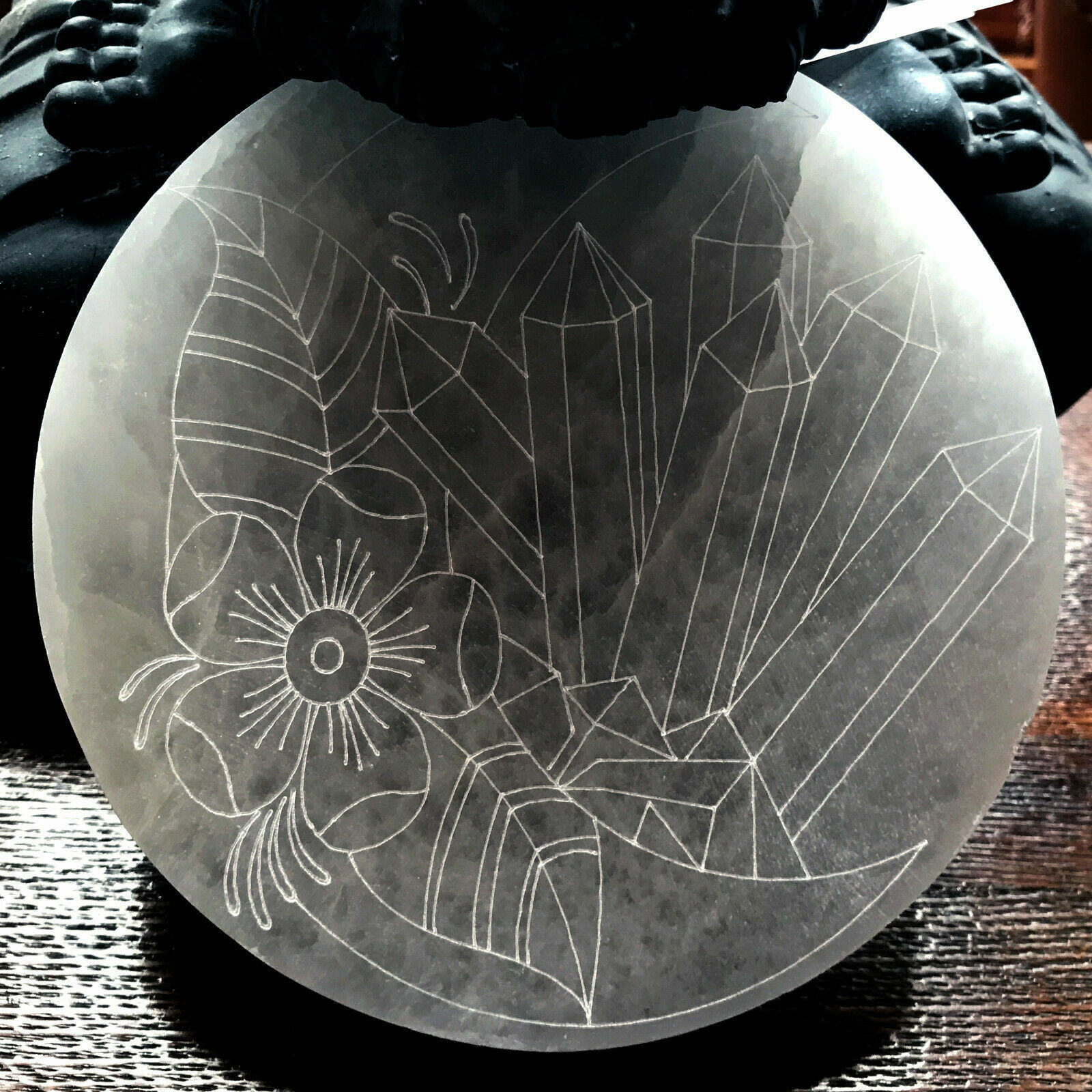 XL Selenite Charging Plate ” Moon Flower Engraved Crystal Round Disc Reiki Energ
