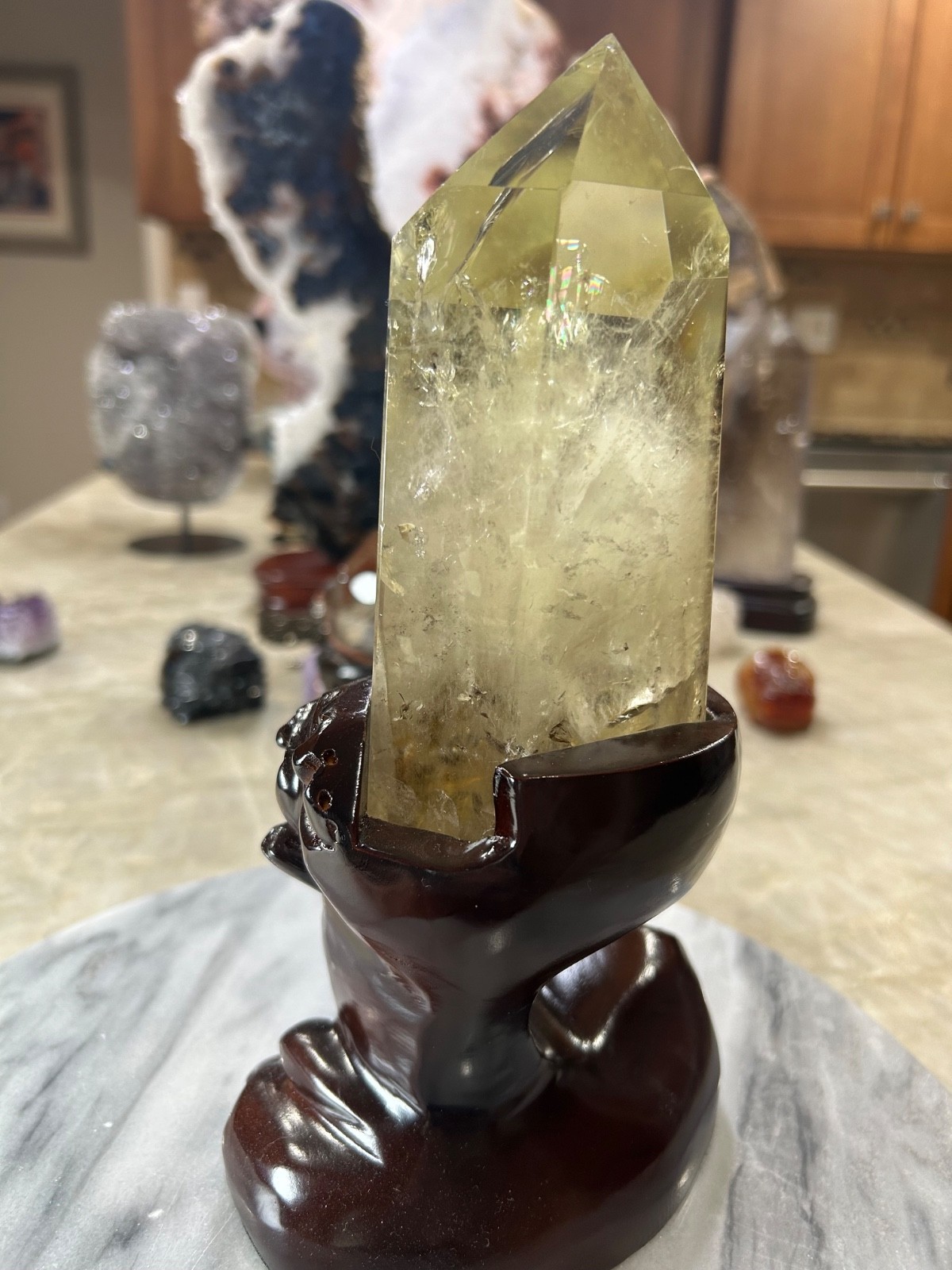 Citrine quartz crystal Freeform tower with custom wood stand