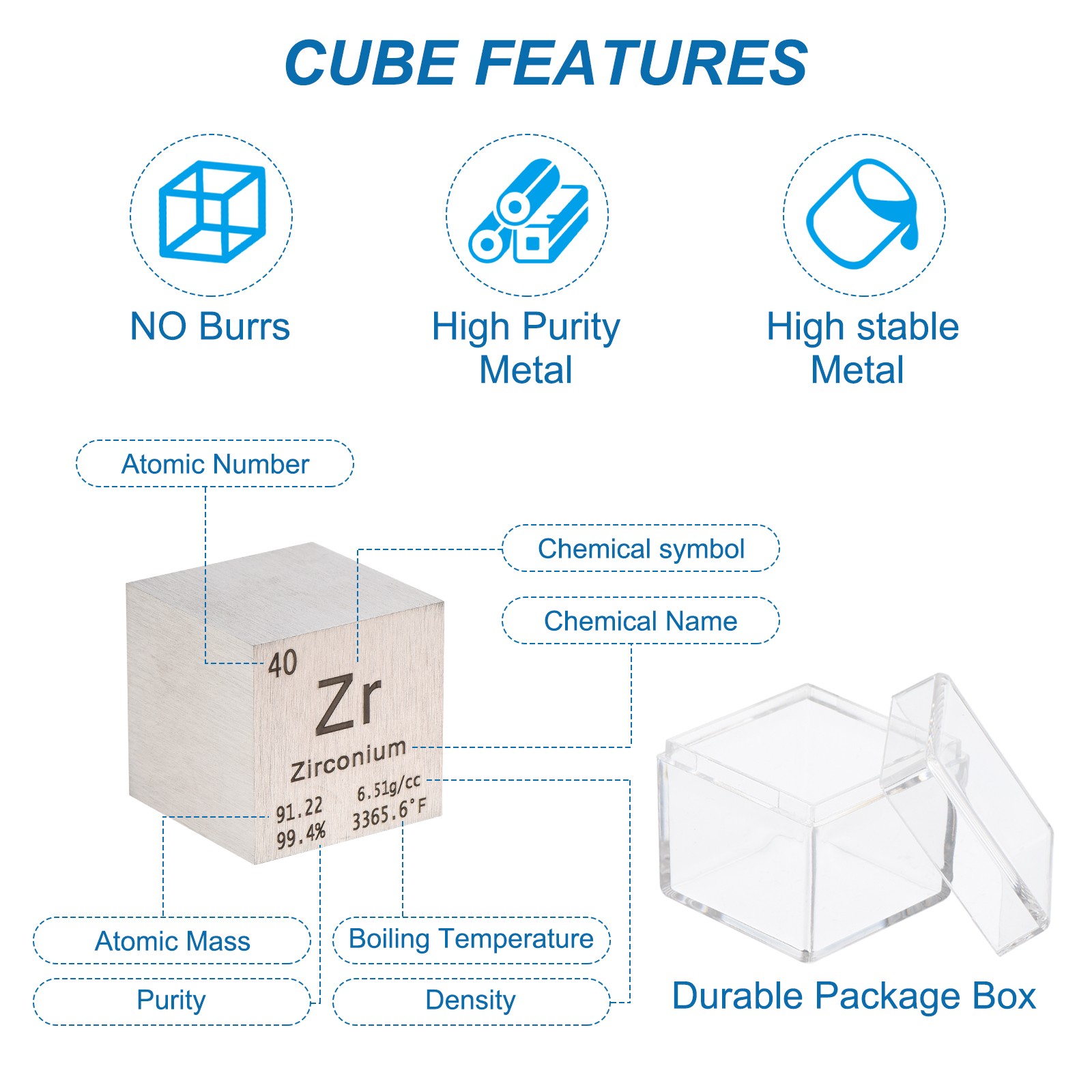 Zirconium Cube Metal Element High Density Block Pure Periodic Element, 1 Inch