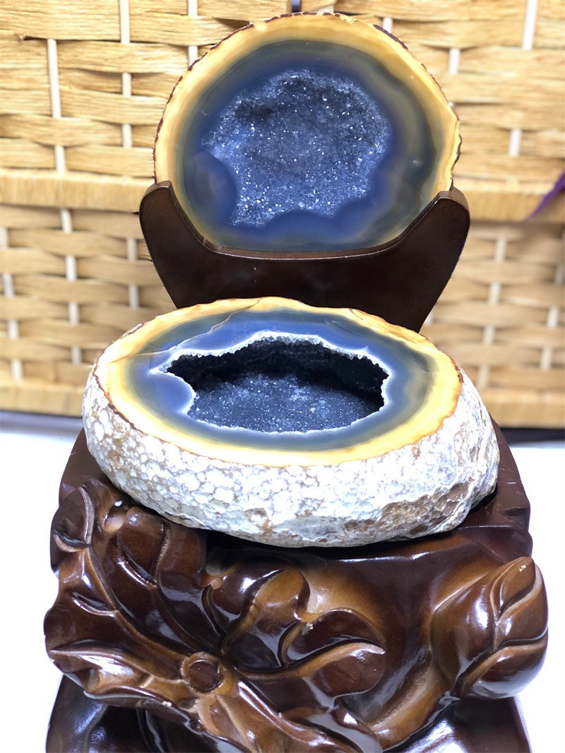 8.14LBNatural Agate Crystal Geode Quartz Bowl Wealth Spirit Energy Healing+Stand