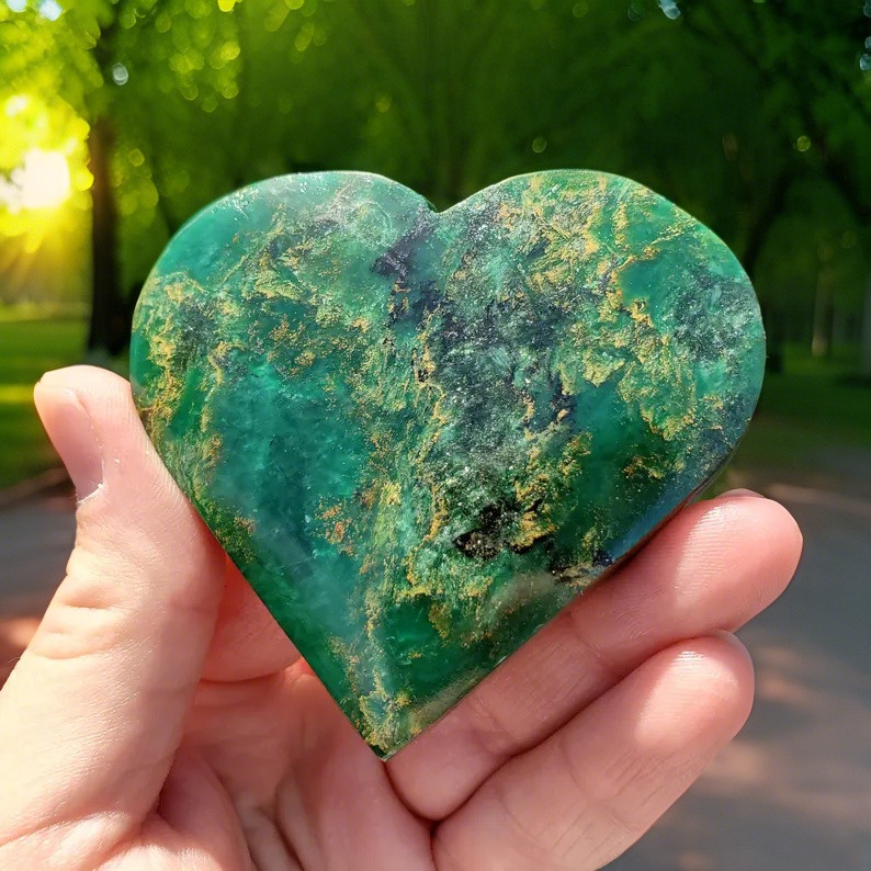 Natural Green Emerald Heart Carved Stone Crystal Minerals Gemstone Specimens