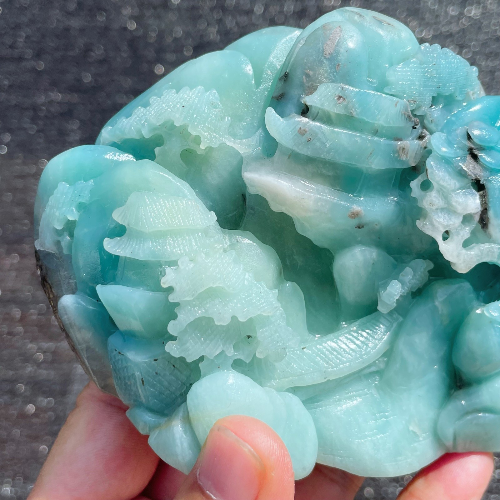 Natural Amazonite Quartz Crystal Hand-Carved Mountain Scenery Sculpture 1.6LB