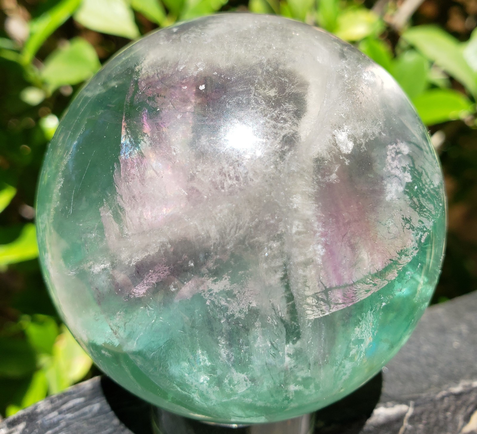 2.6″ Green and Purple Fluorite Quartz Crystal Sphere Ball Orb Rainbow UV, 488g