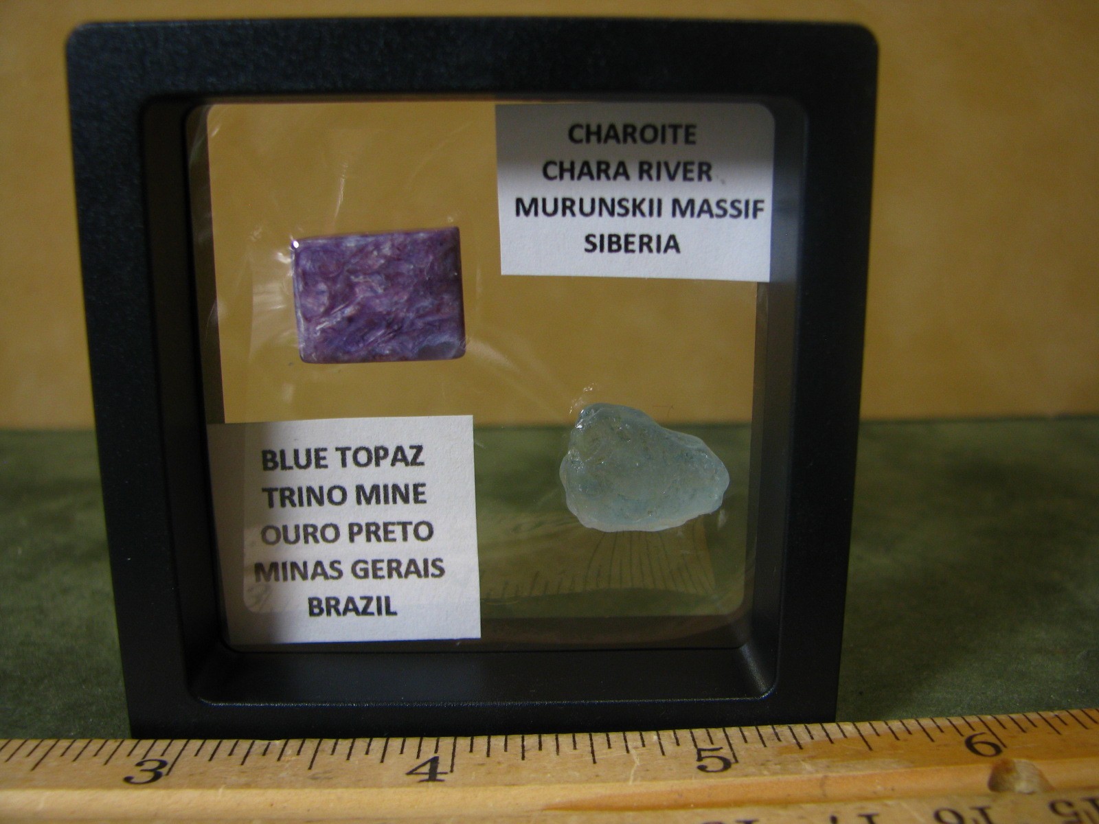 2 THUMBNAILS CHAROITE-SIBERIA BLUE TOPAZ-BRAZIL IN DISPLAY CASE #222
