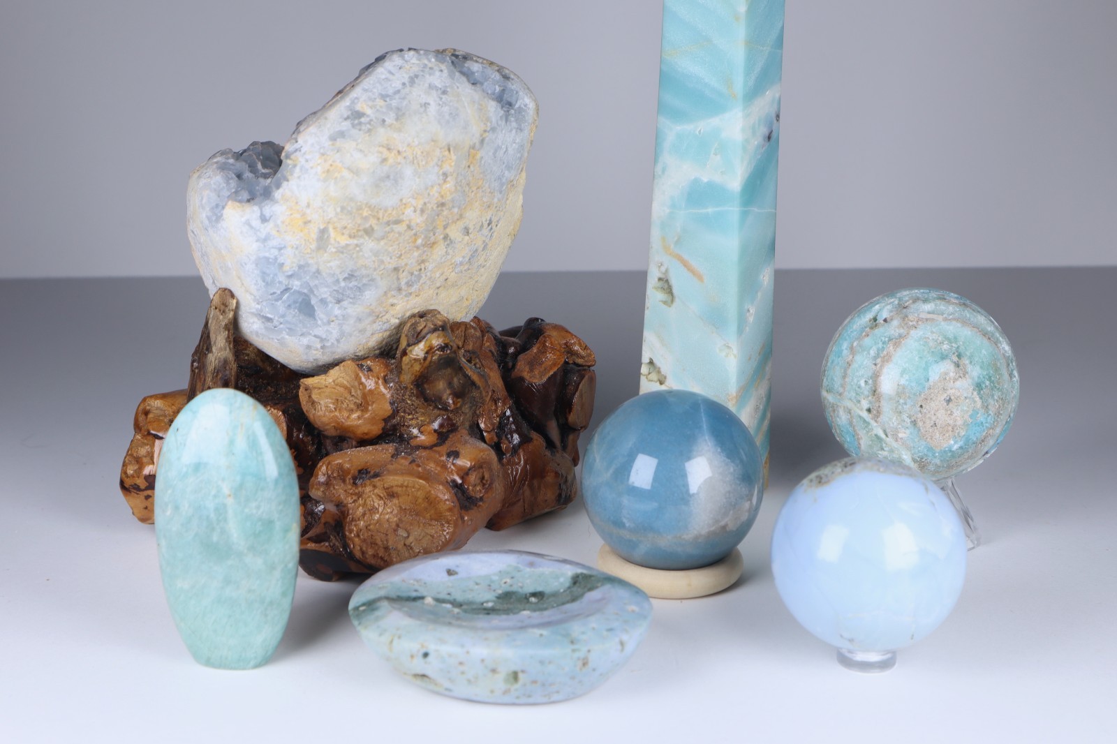 Large BLUE CRYSTAL LOT Celestite Angelite Caribbean Calcite Tower Amazonite