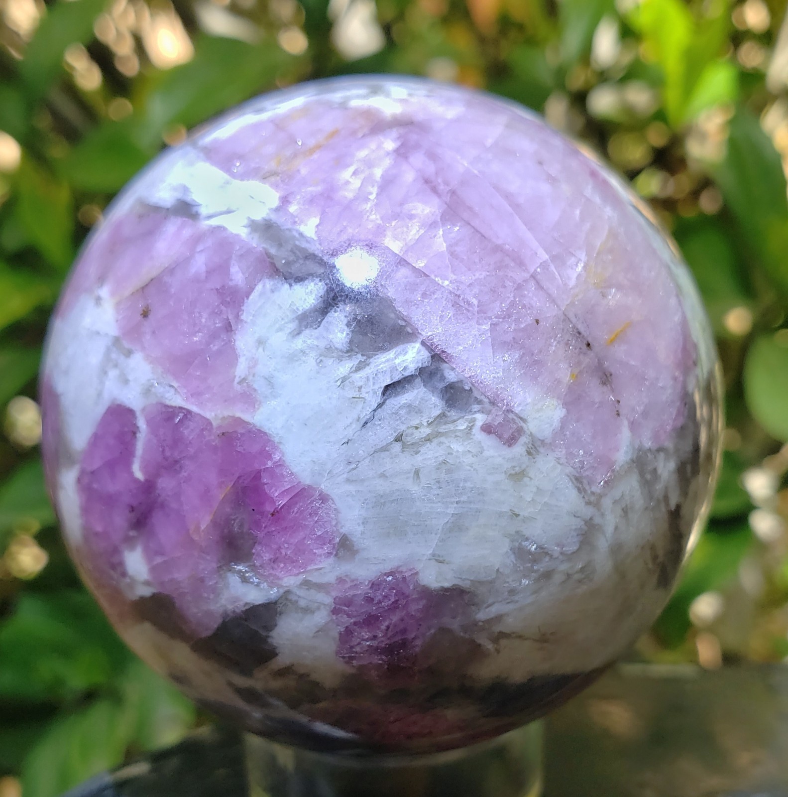 2.49″ Pink Tourmaline Smoky Quartz White Albite UV Crystal Sphere Orb Ball, 356g