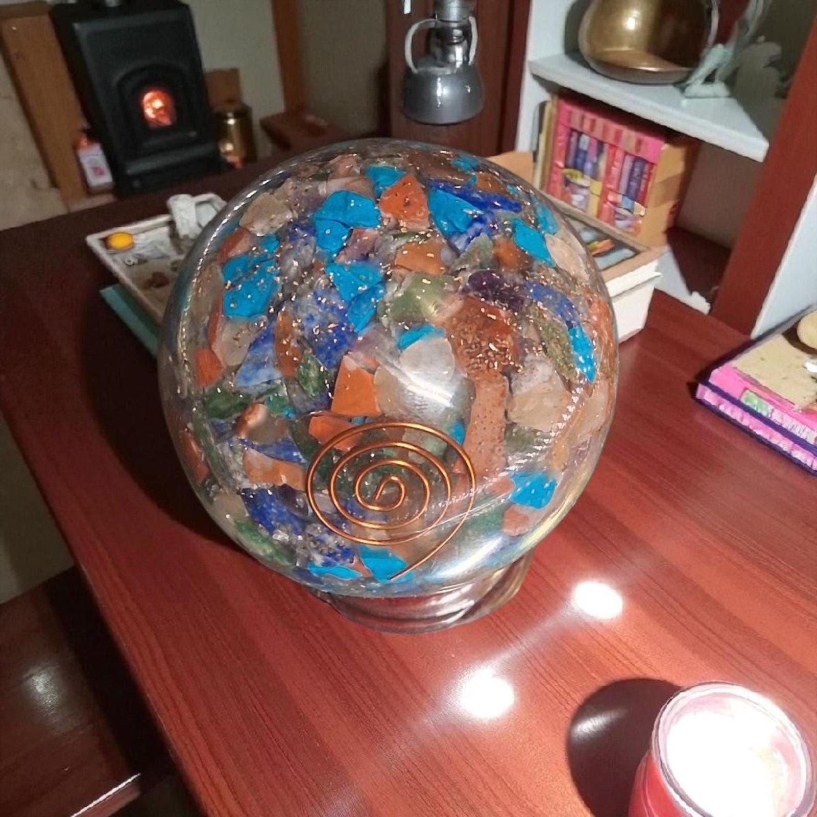 Orgone Multi-Chakra Sphere – 70mm Crystal Ball with Copper Coil & Wooden Stand