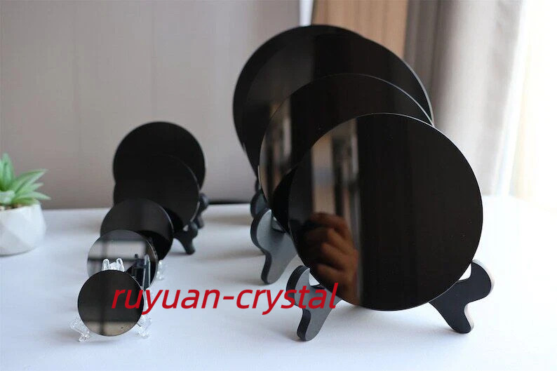 Natural Obsidian Mirror,Obsidian Wafer,Crystal Disk,Reiki Crystal Gift + stand
