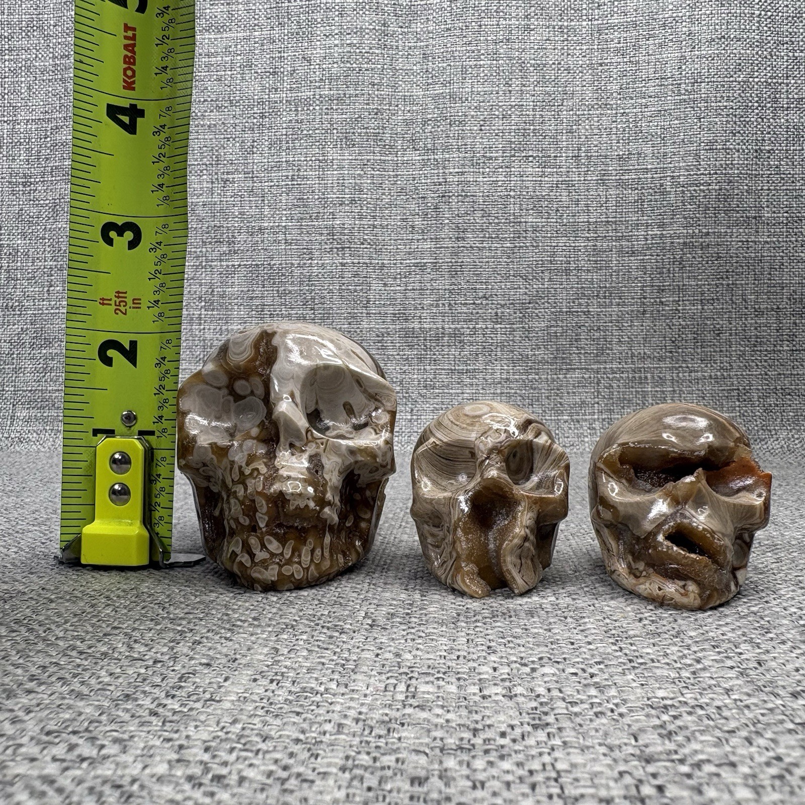Amber Agate Crystal Skull Set 3pc Druzy Hand Carved Polished Stone Brown