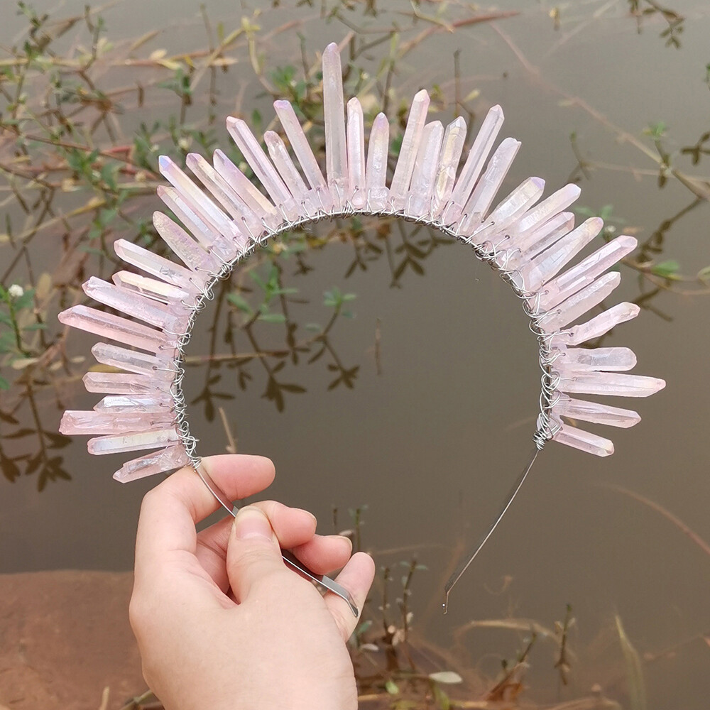 Goddess Bridal Crown Raw Crystal Quartz Tiara Queen Party Headband Hair Hoop