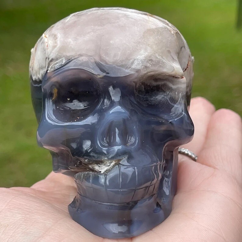 Natural Black Flower Agate W/Pink Amethyst Large Crystal Skull Gothic Home Decor