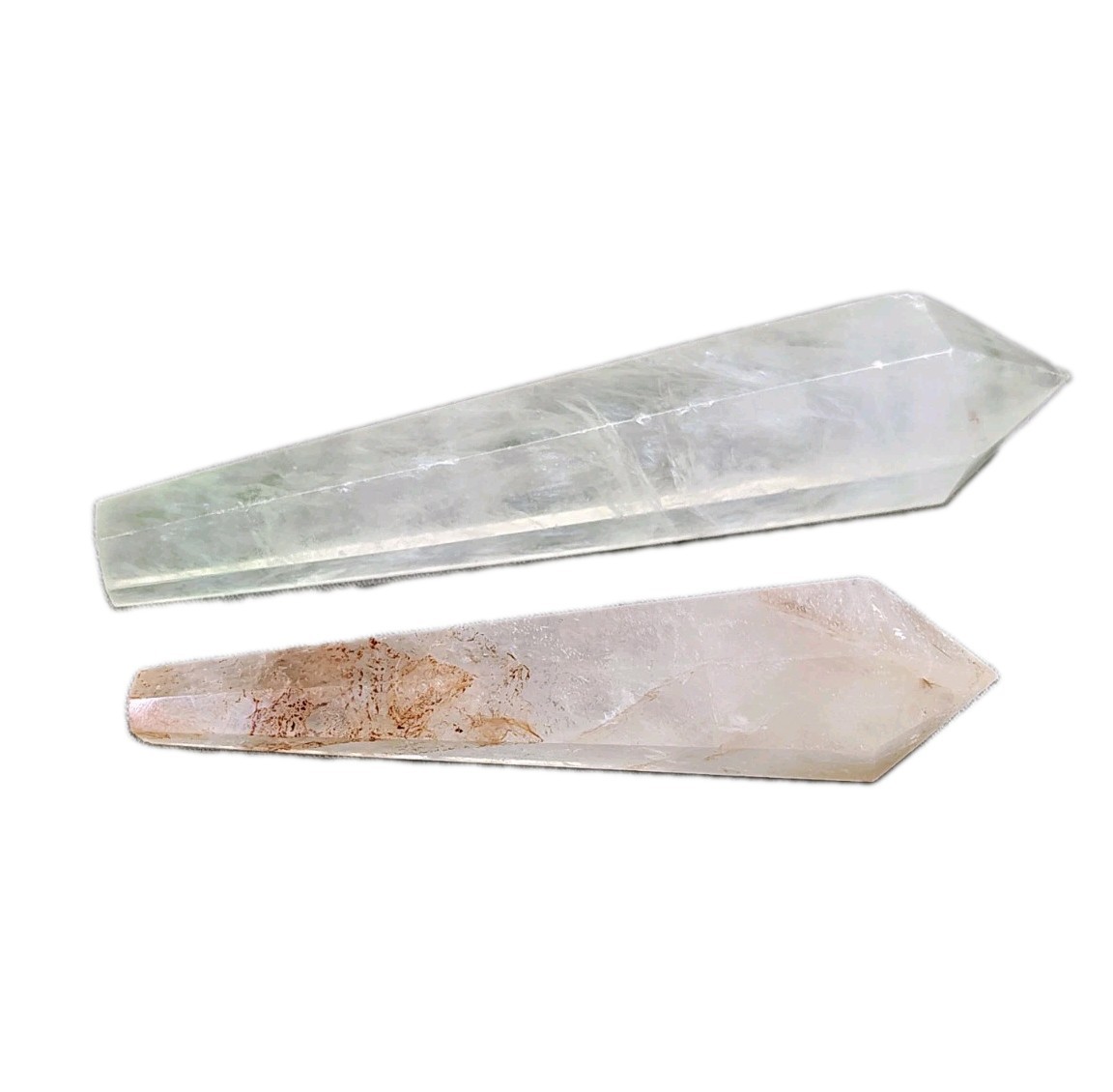 Set of 2 Wand Prism Towers – Quartz & Rose Quartz – 4″ & 5.25″ 204g