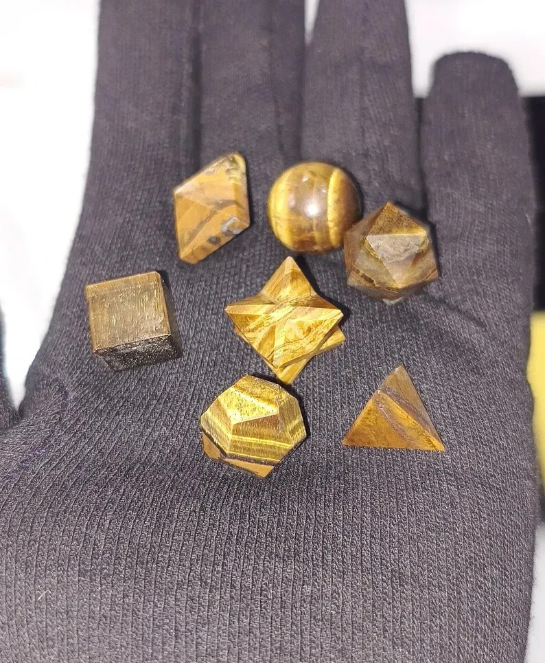 High-Quality Tiger Eye Platonic Solids Geometry Set 7 Pieces with Premium Box.