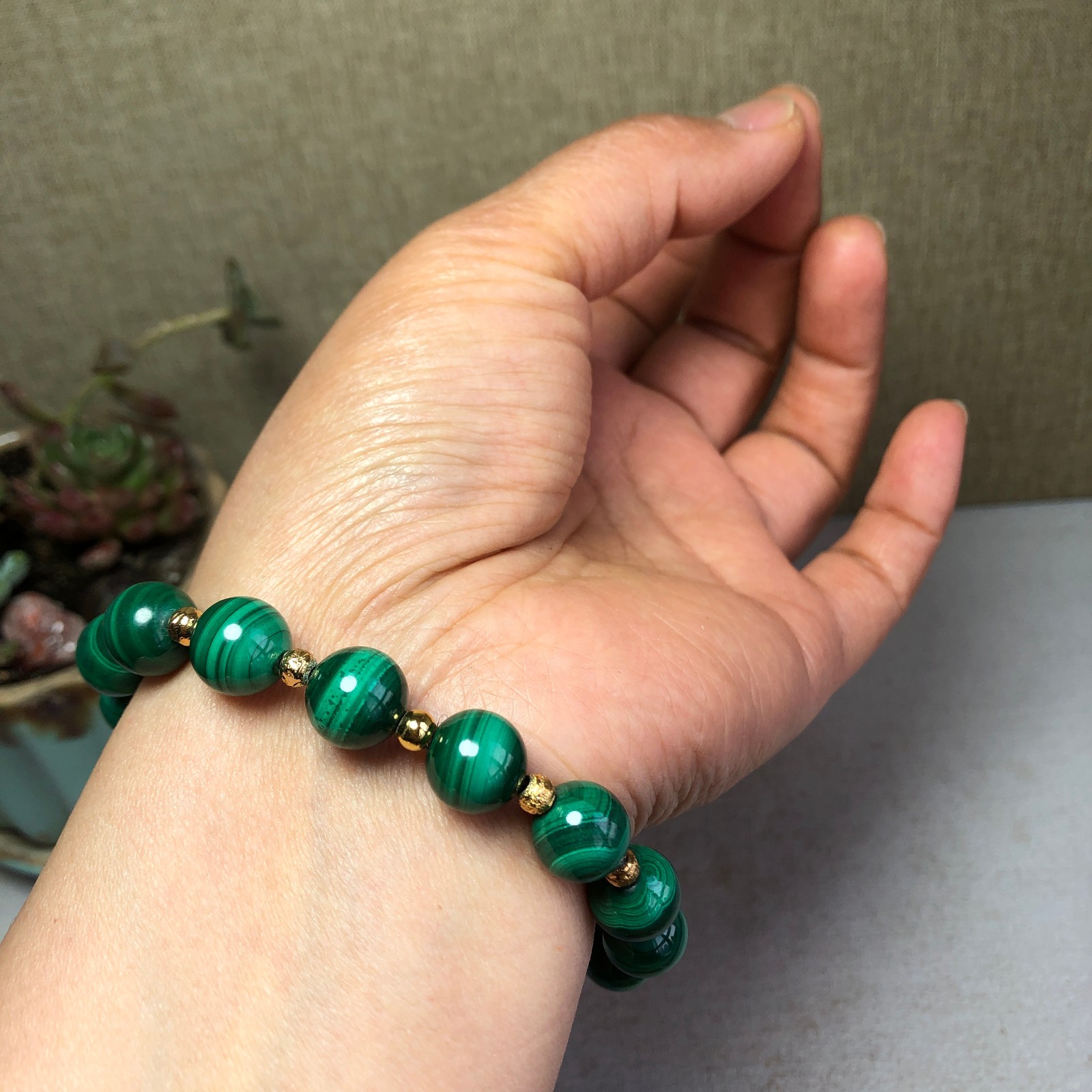 12mm Natural malachite gemstone Crystal chain beads bracelet 38-39g A4100