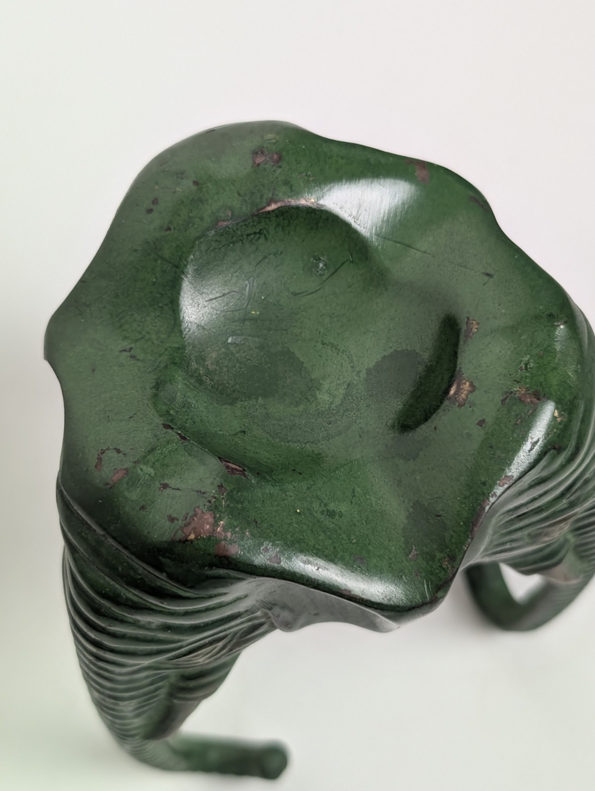 Elephant Head Sphere Stand w Marble Onyx Ball Verdigris Green 8″