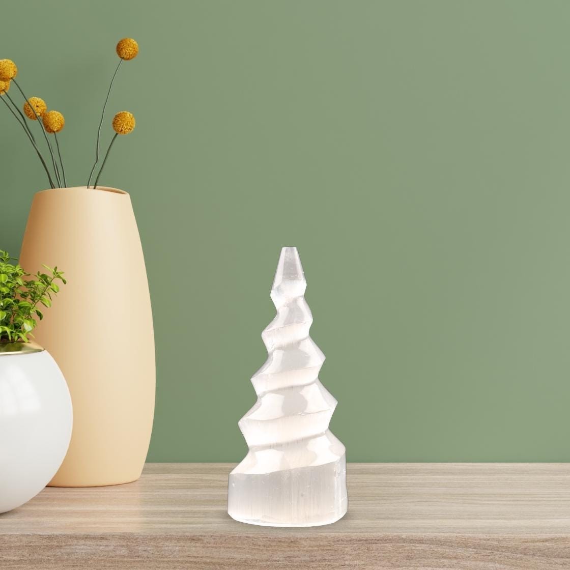 Selenite Tower Spiral 4″, Healing Crystal for Cleansing, Meditation & Protection