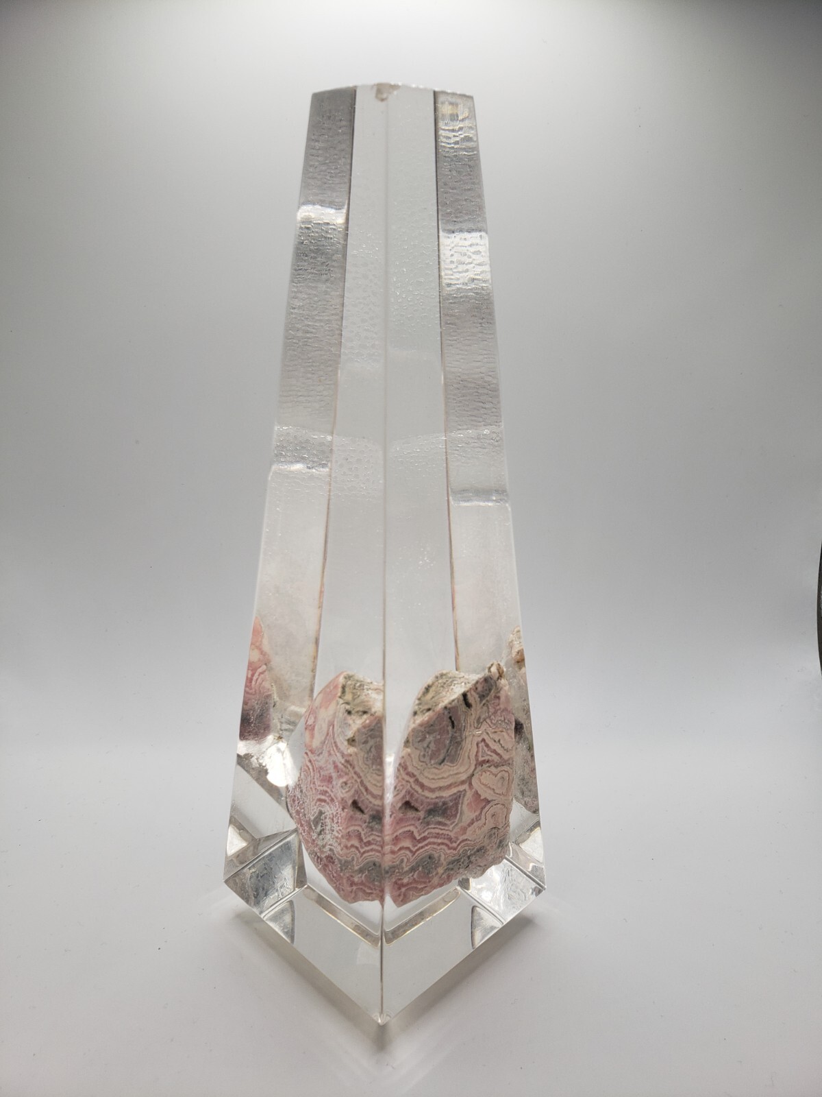 Rhodochrosite Stalactite Inca Rose Pink Mineral Specimen In a Lucite Sculpture