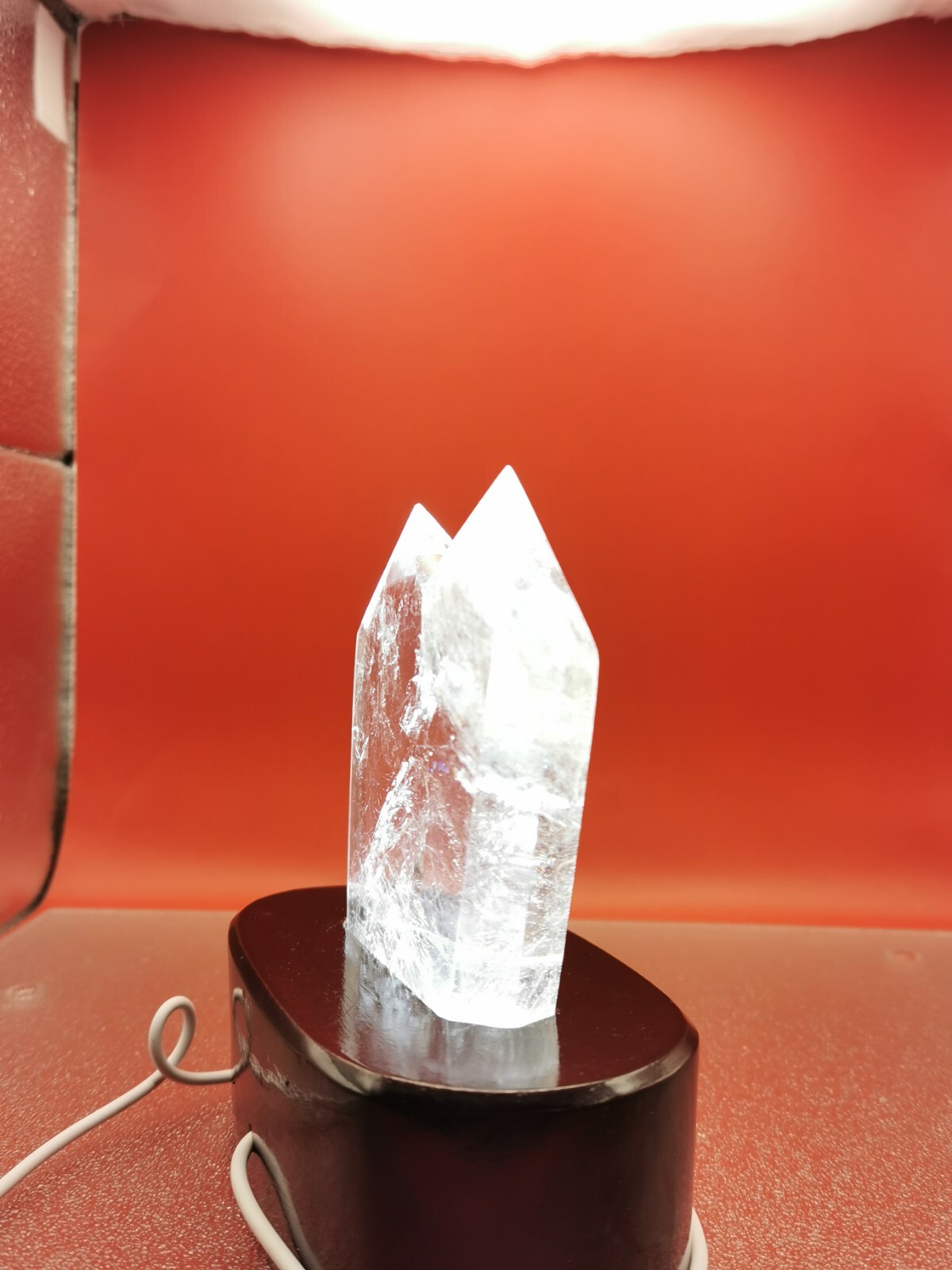 Natural Clear Quartz Double Point Obelisk Crystal With Custom Light Stand 364G
