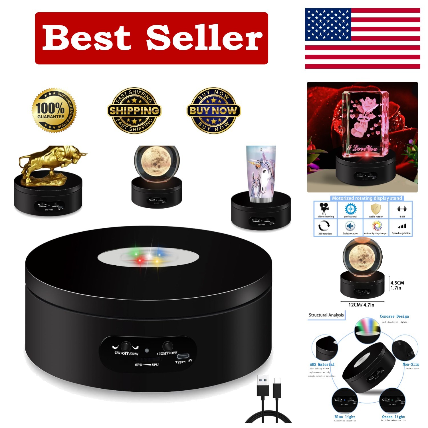 LED Rotating Display Stand 360Â° Lighted Base for Crystal Glass Art 4.72in