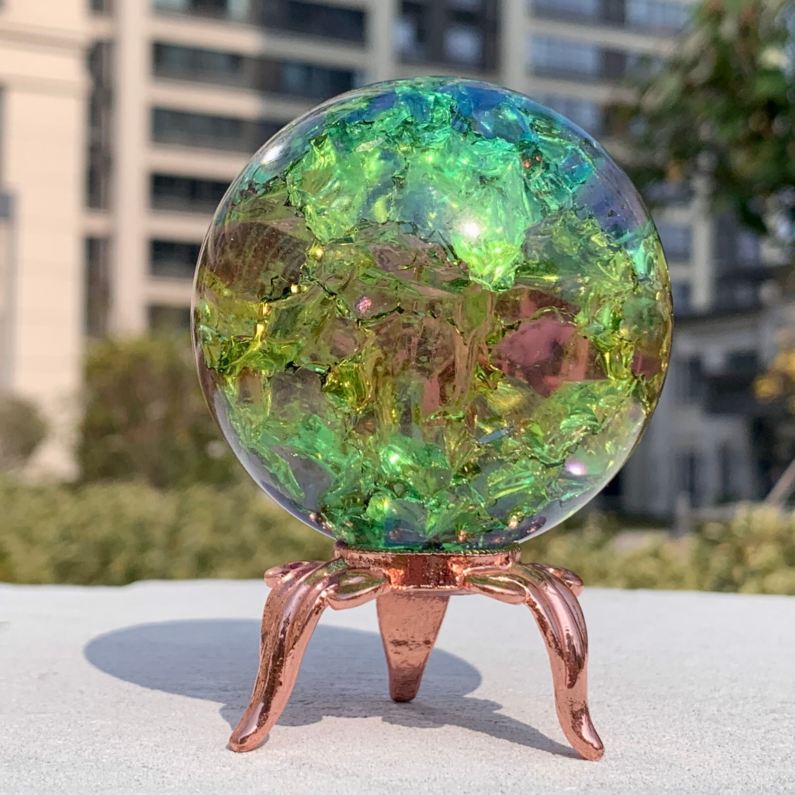 279G Natural Titanium Rainbow Quartz sphere Crystal ball Healing+stand