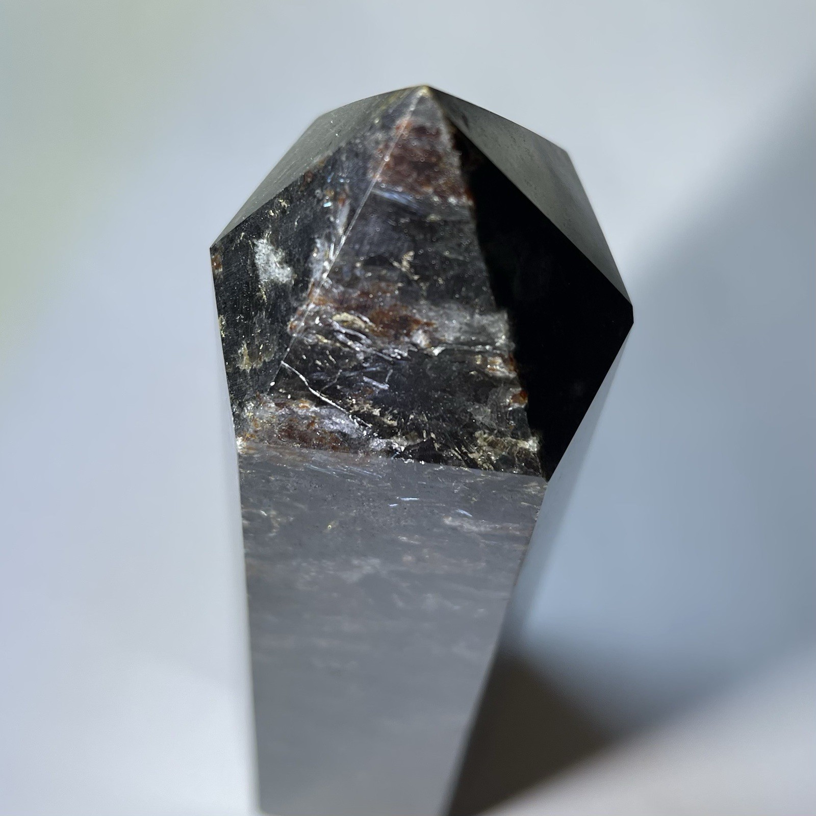 Large Arfvedsonite Crystal Obelisk 7 Inch Flashy Silver Blue Healing Stone Tower