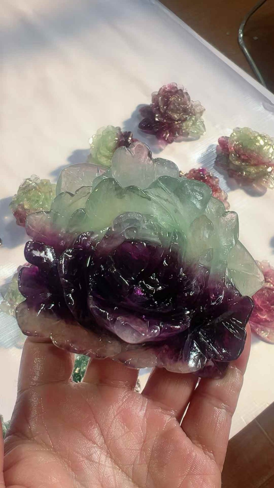 1PC Natural Color Fluorite Quartz Carved Peony Flower Skull Crystal Reiki gift