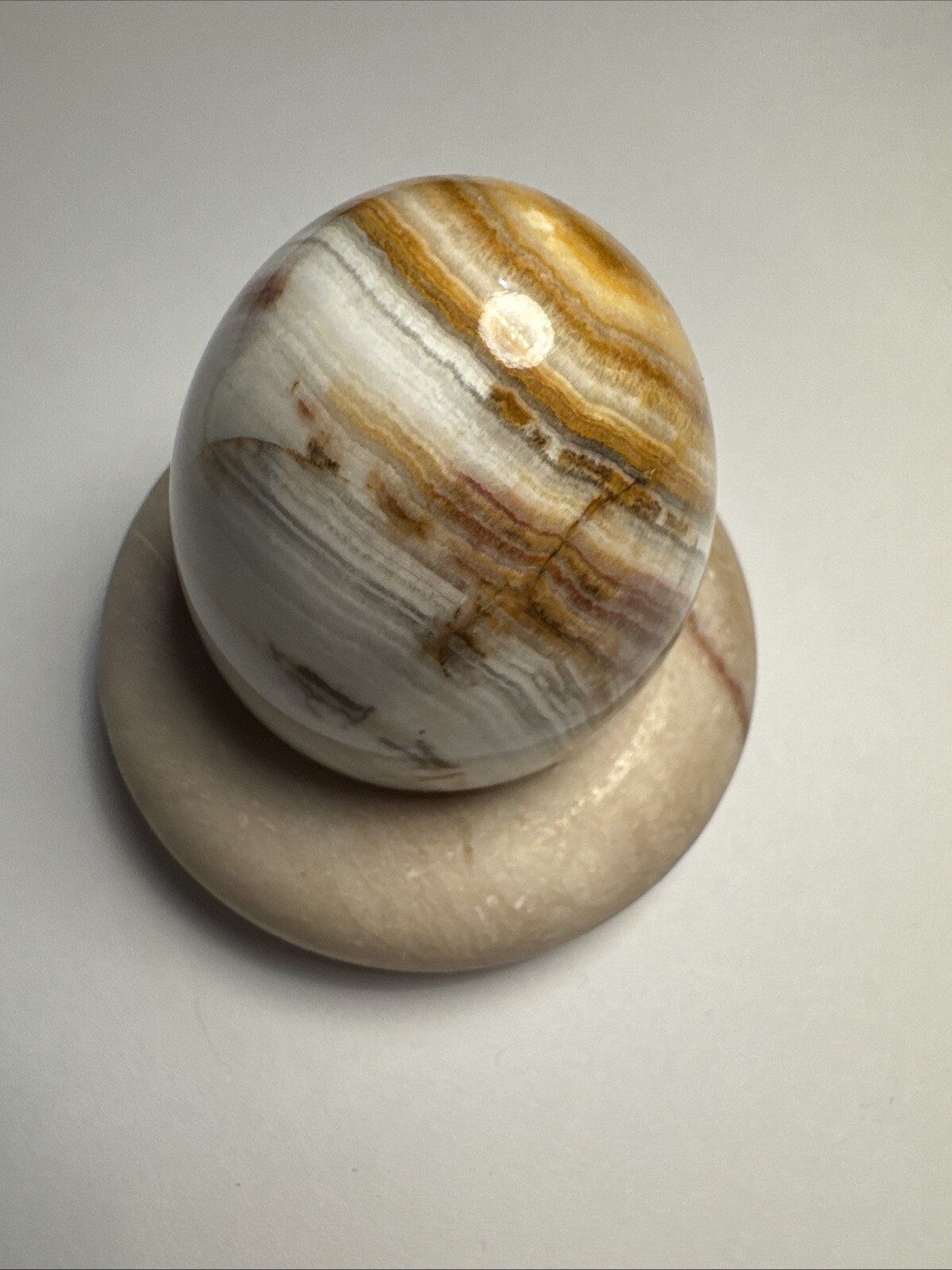 Vintage Beautiful Brown And White Tones Polished Onyx Egg With Marble Stand