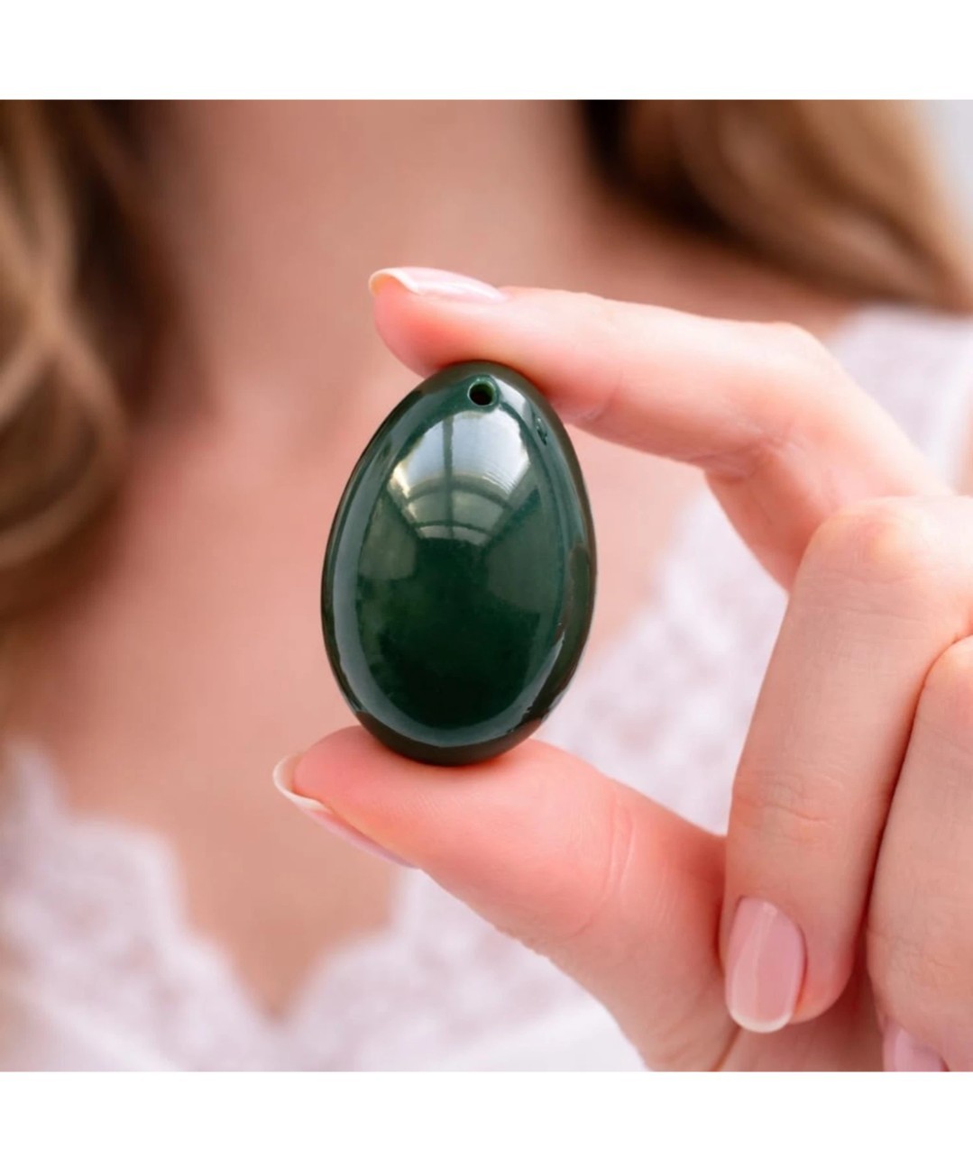 Polar Jade Natural Nephrite Jade 3-Piece Egg Set, Large Medium Small Predrilled