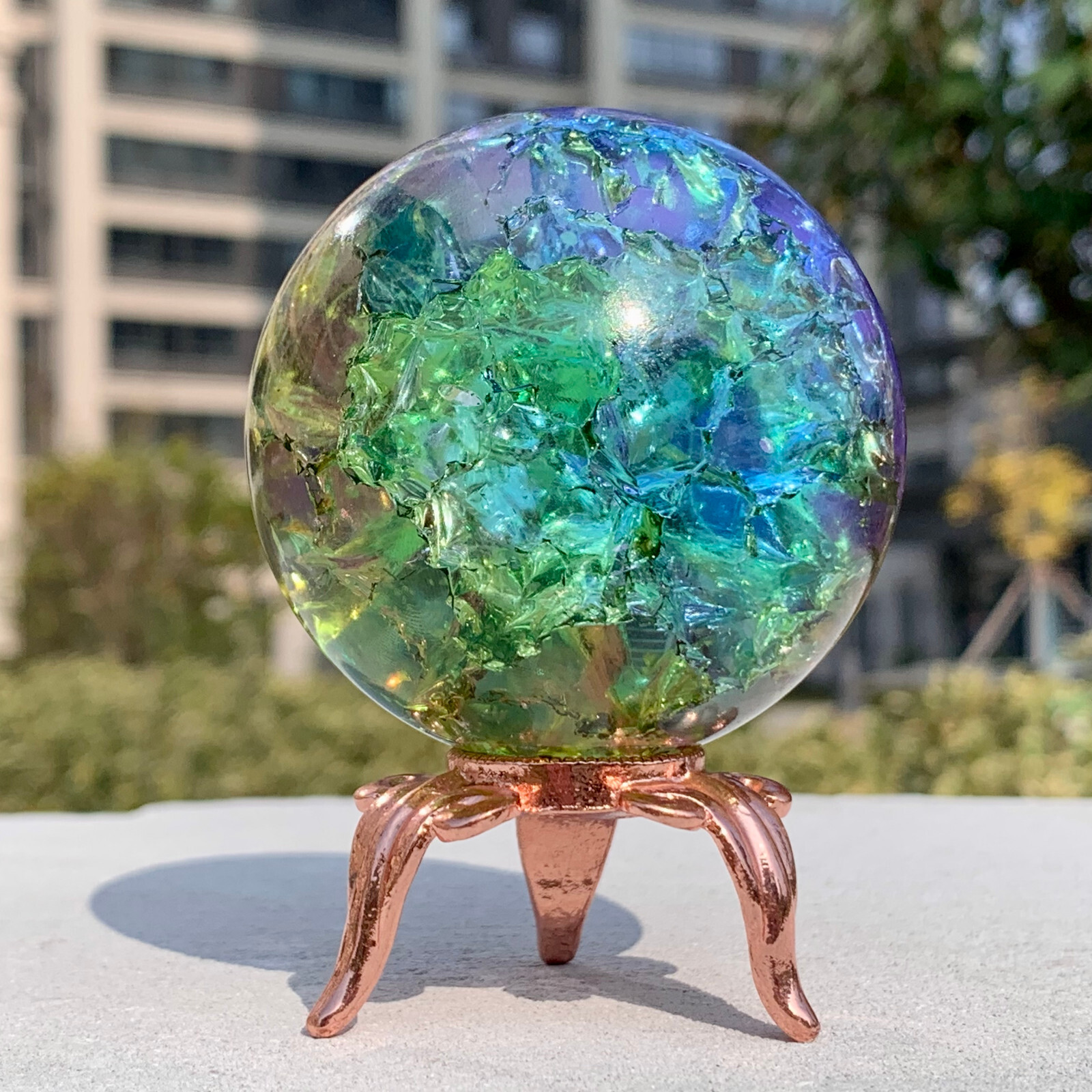 279G Natural Titanium Rainbow Quartz sphere Crystal ball Healing+stand