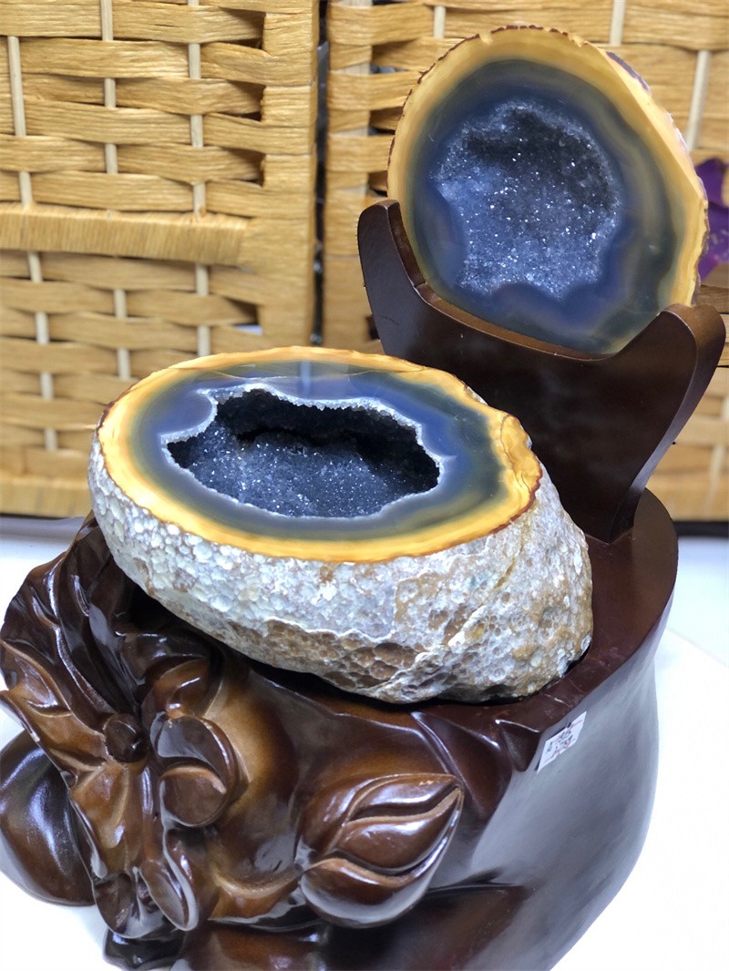8.14LBNatural Agate Crystal Geode Quartz Bowl Wealth Spirit Energy Healing+Stand