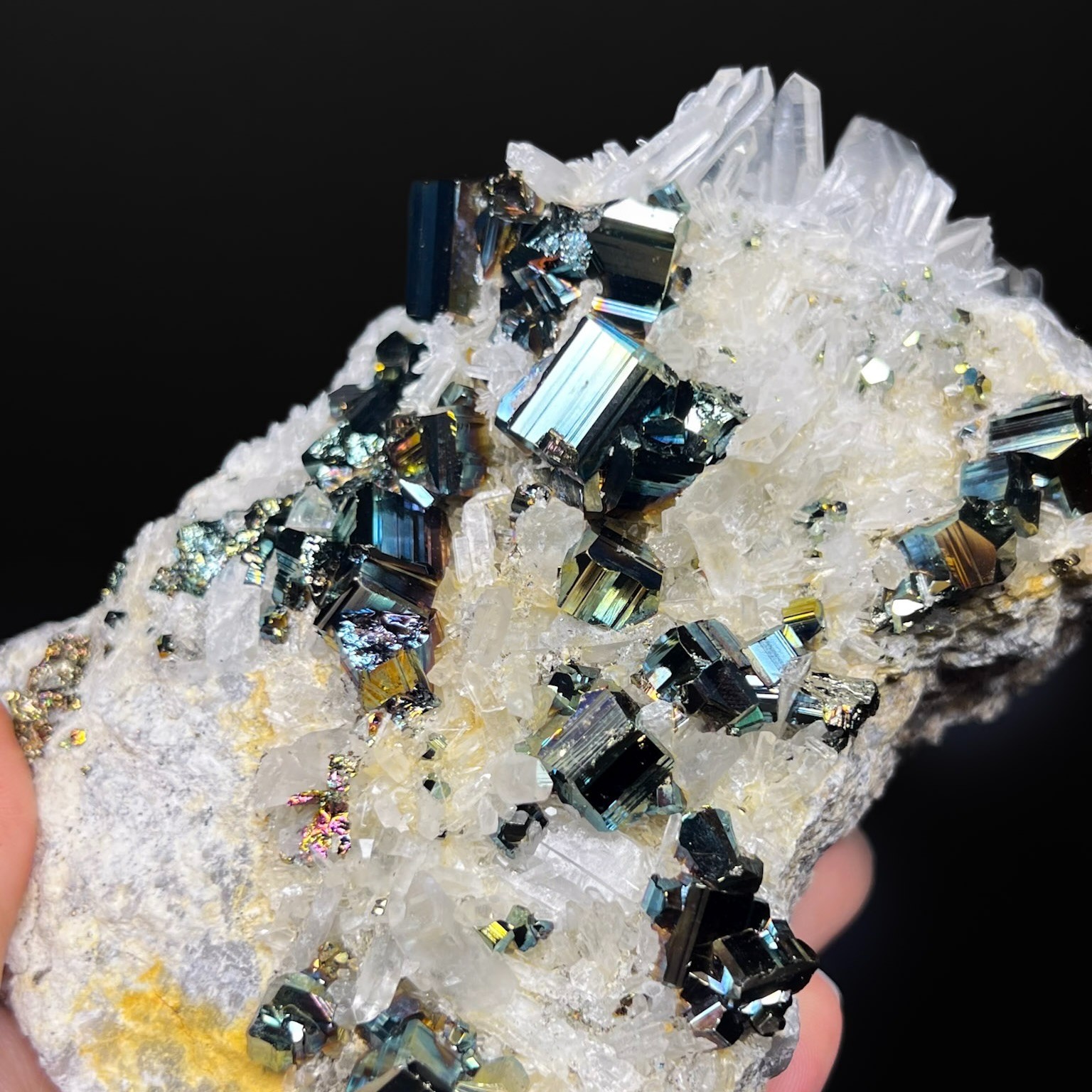 Iridescent Rainbow Pyrite Cube with Quartz Crystals from Indonesia