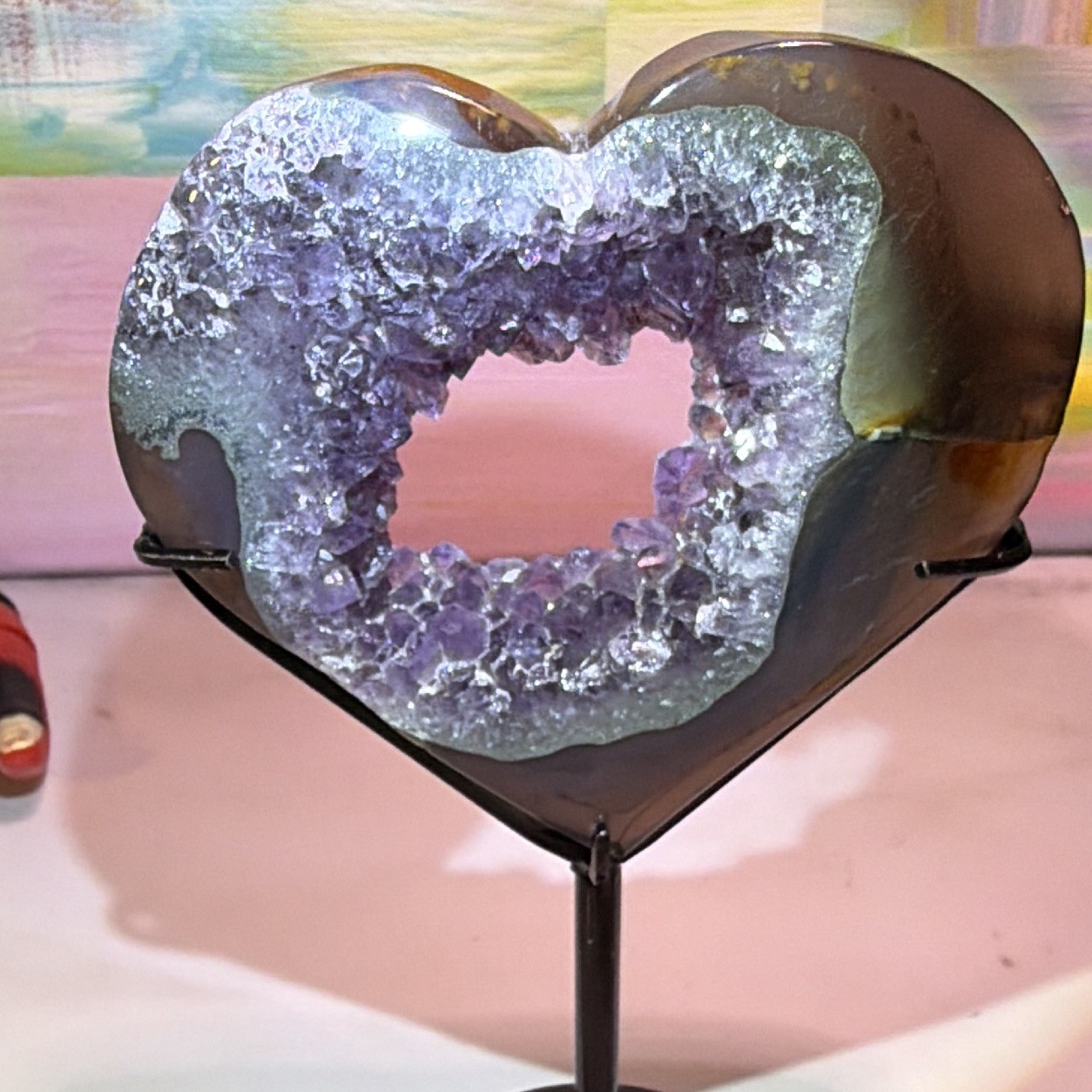 Heart-Shaped Purple Crystal Geode Slice Decor on Black Metal Stand, 6 in Tall