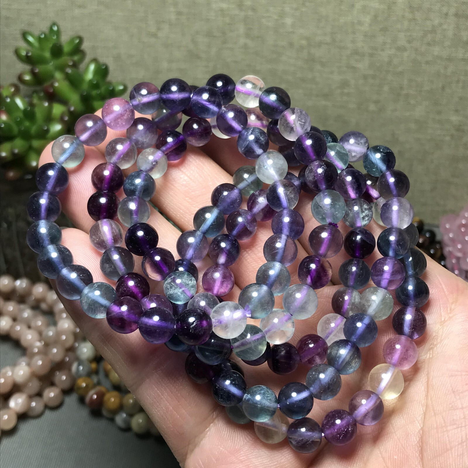 5Pcs Wholesal Natural Polish Rainbow color Fluorite crystal bracelets ball 8mm