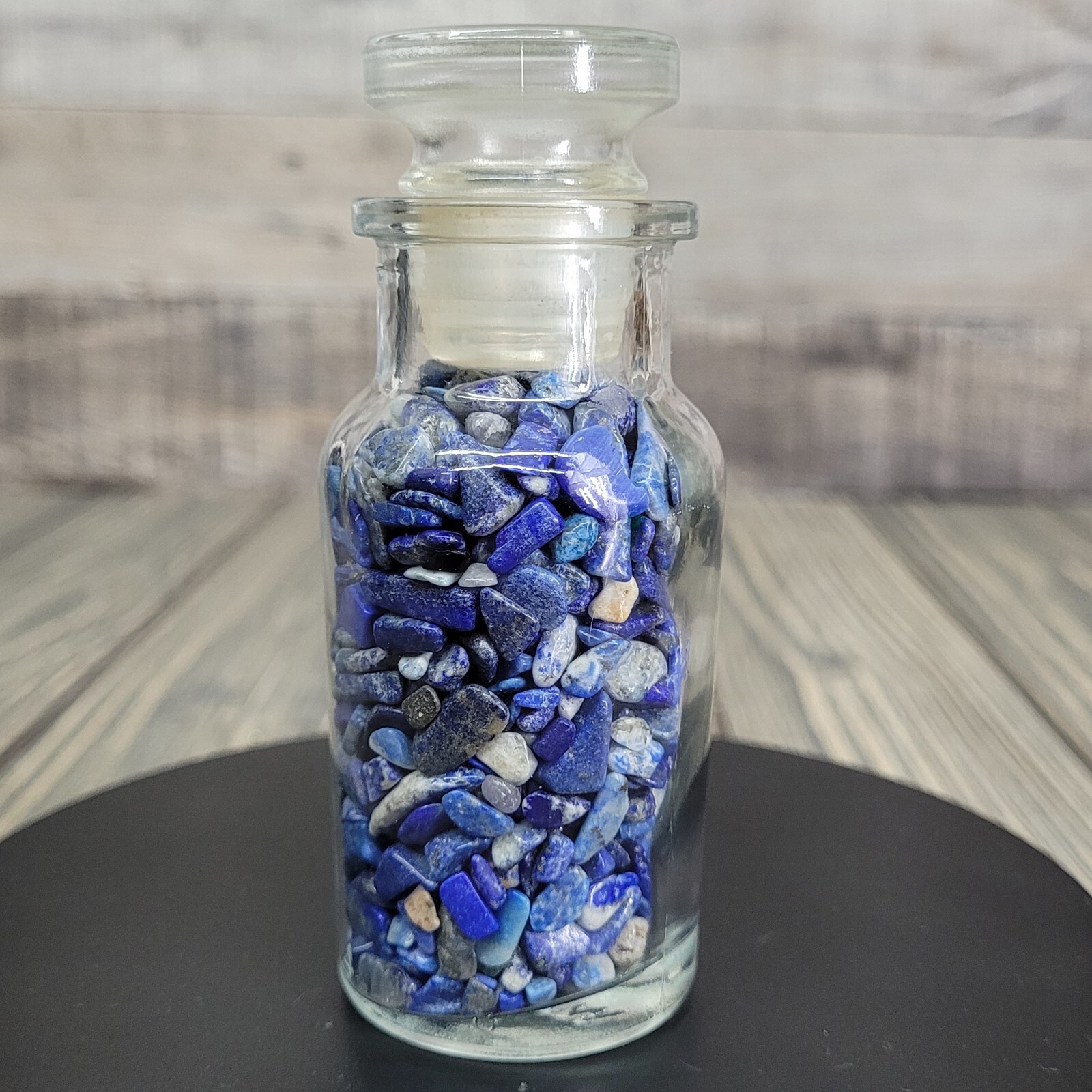 1/4lb Lapis Lazuli Crystal Tumbled Chips in Apothecary Vintage Glass Jar Wagner