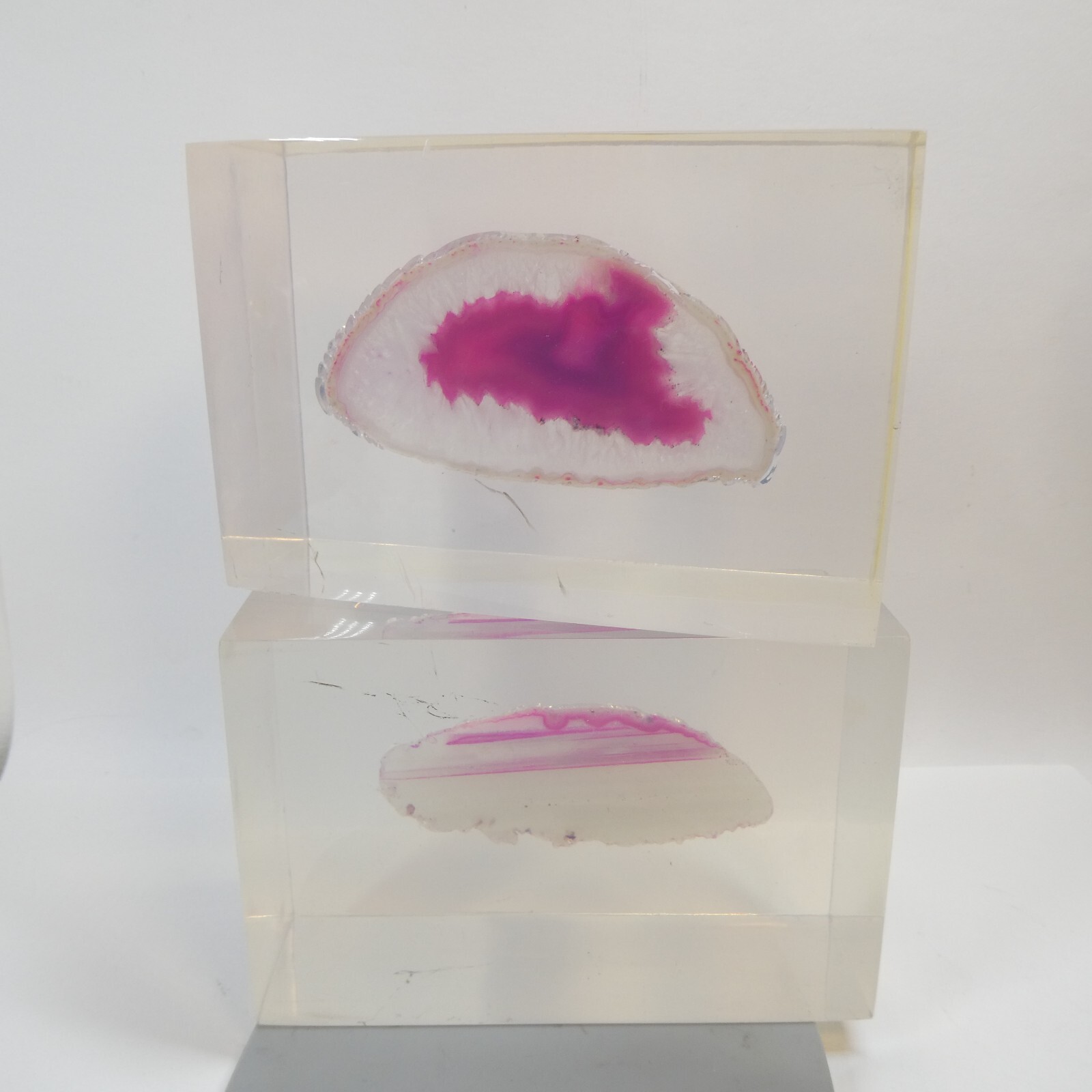 Bookends Pair Vintage Pink Agate Geode Slice in Clear Lucite Acrylic Block